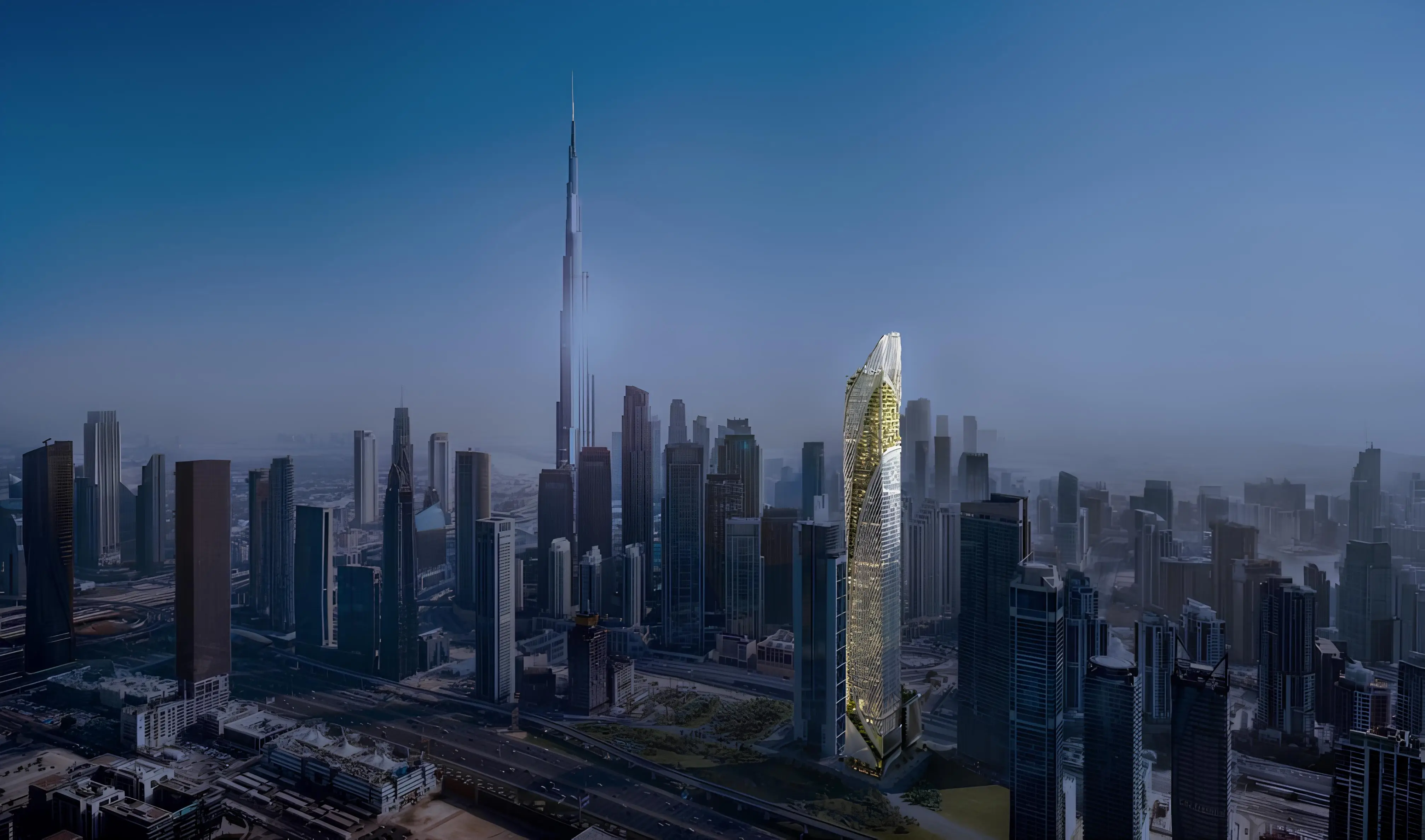 Aerial view of Christian A. Rockefeller Business Tower between Business Bay and Downtown Dubai