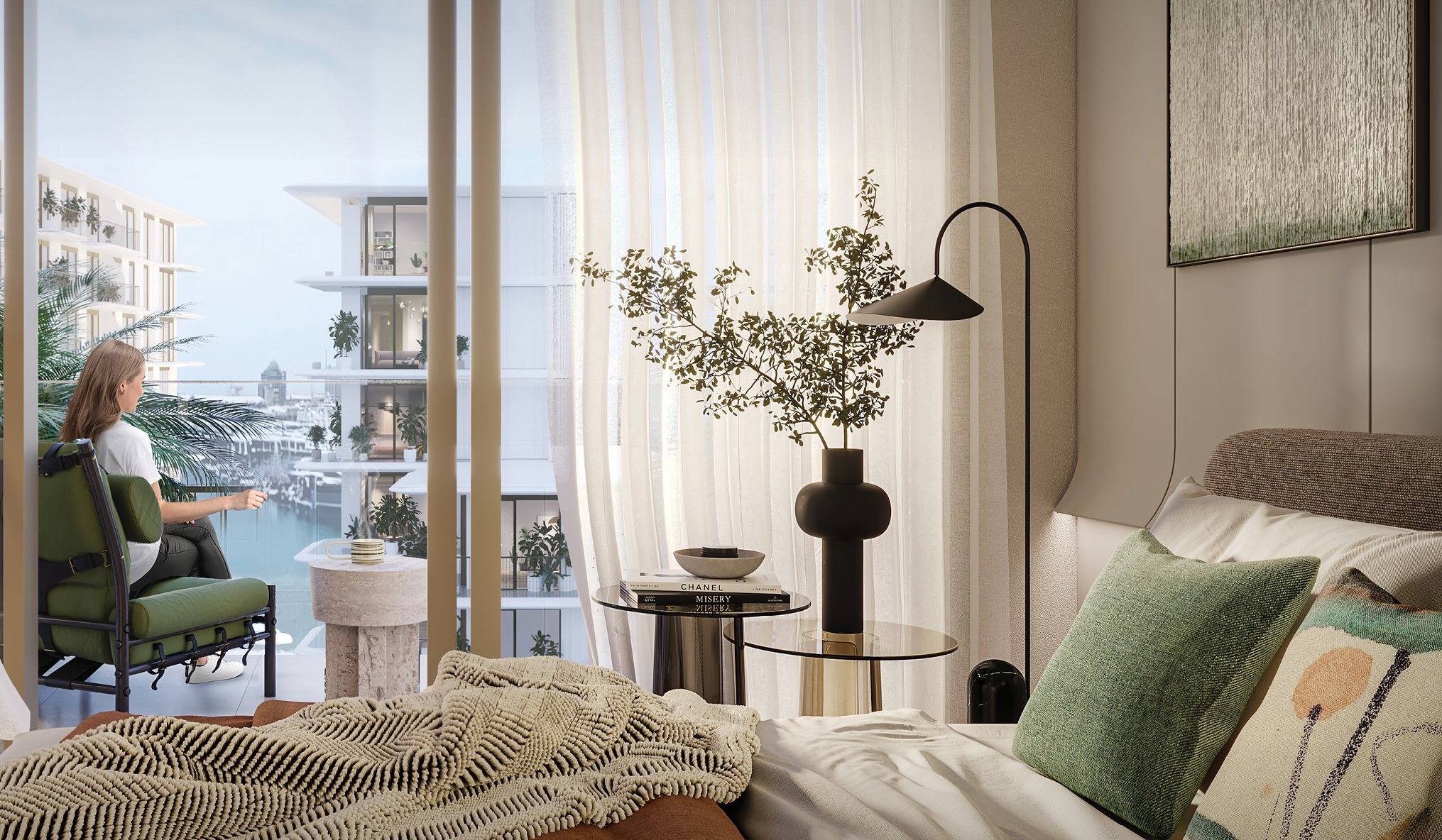 Clearpoint apartment bedroom opening to a marina-view balcony