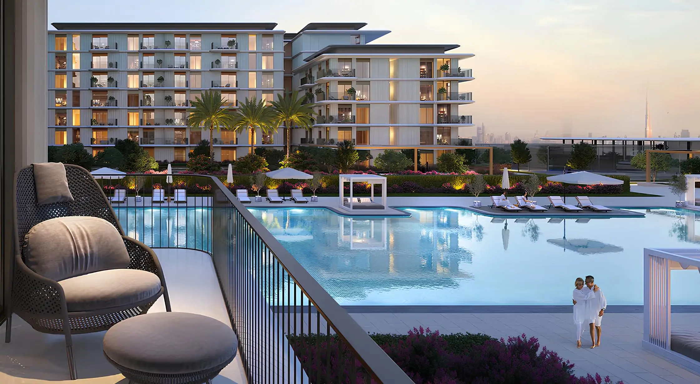 Clearpoint swimming pool and residences at sunset