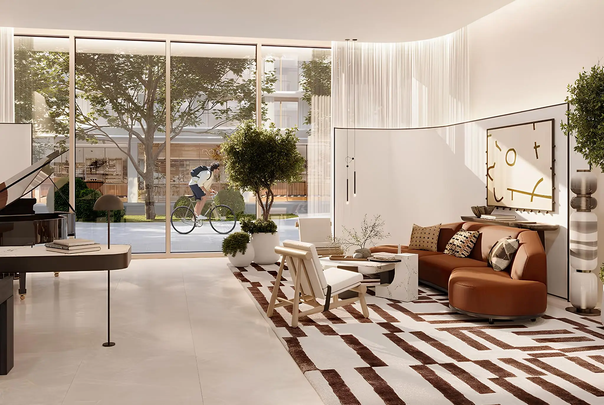 Clearpoint duplex living room facing the landscaped promenade