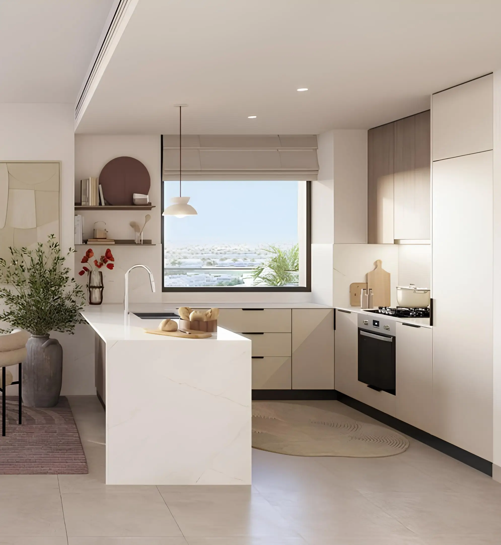 Club Drive apartment fitted kitchen with island and integrated appliances