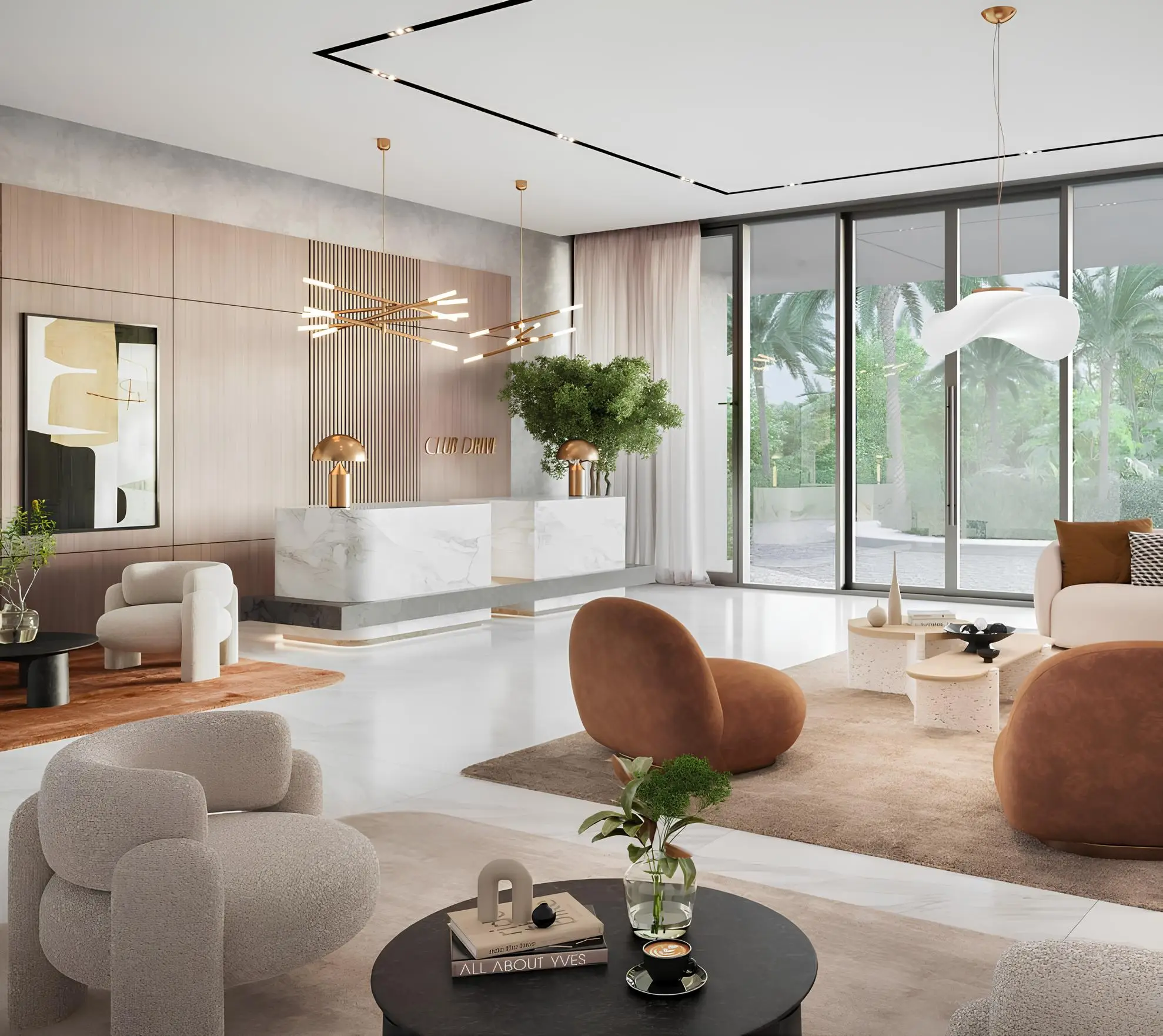 Club Drive resident lobby with reception and garden outlook