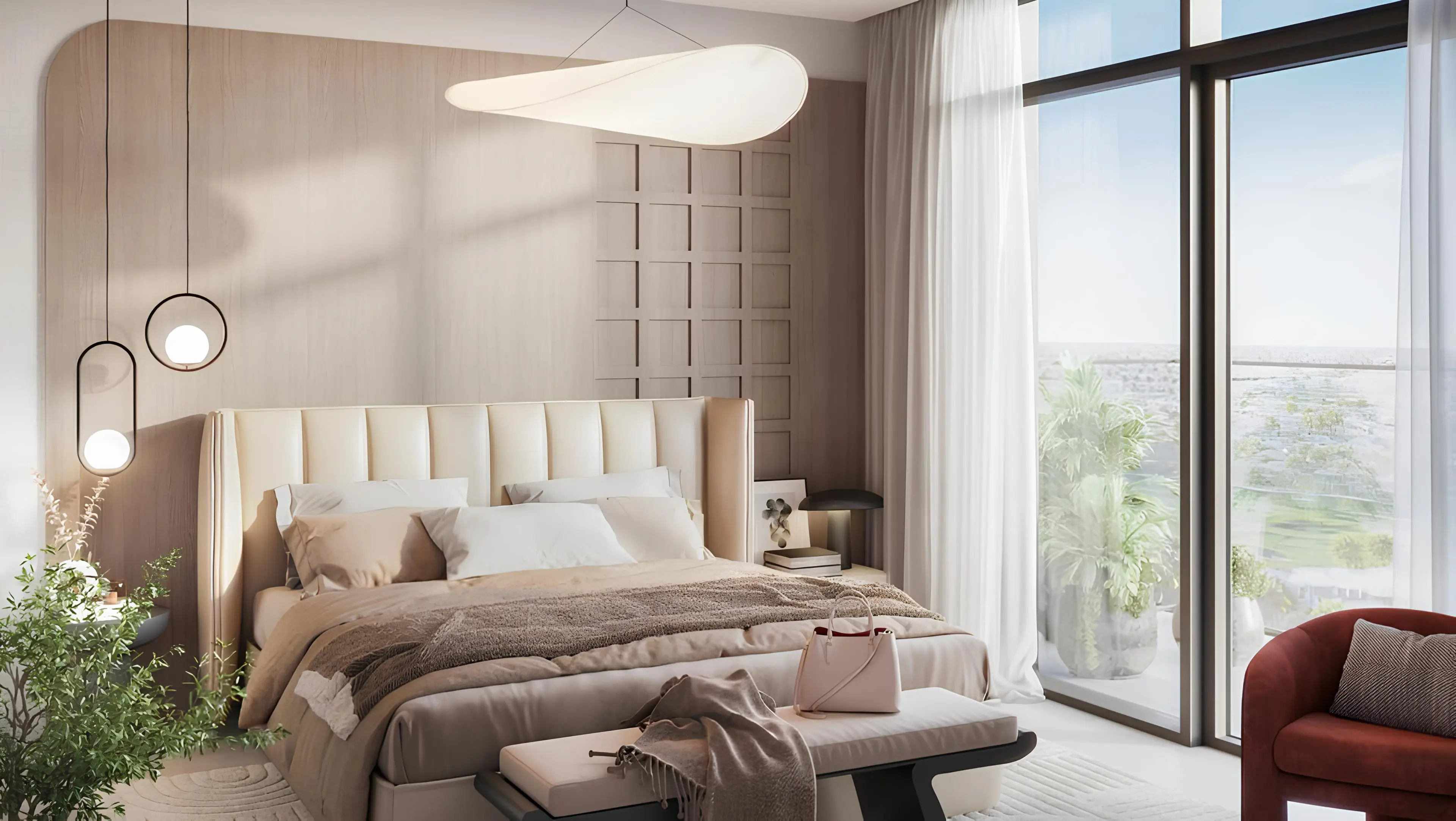 Club Drive apartment bedroom with full-height windows