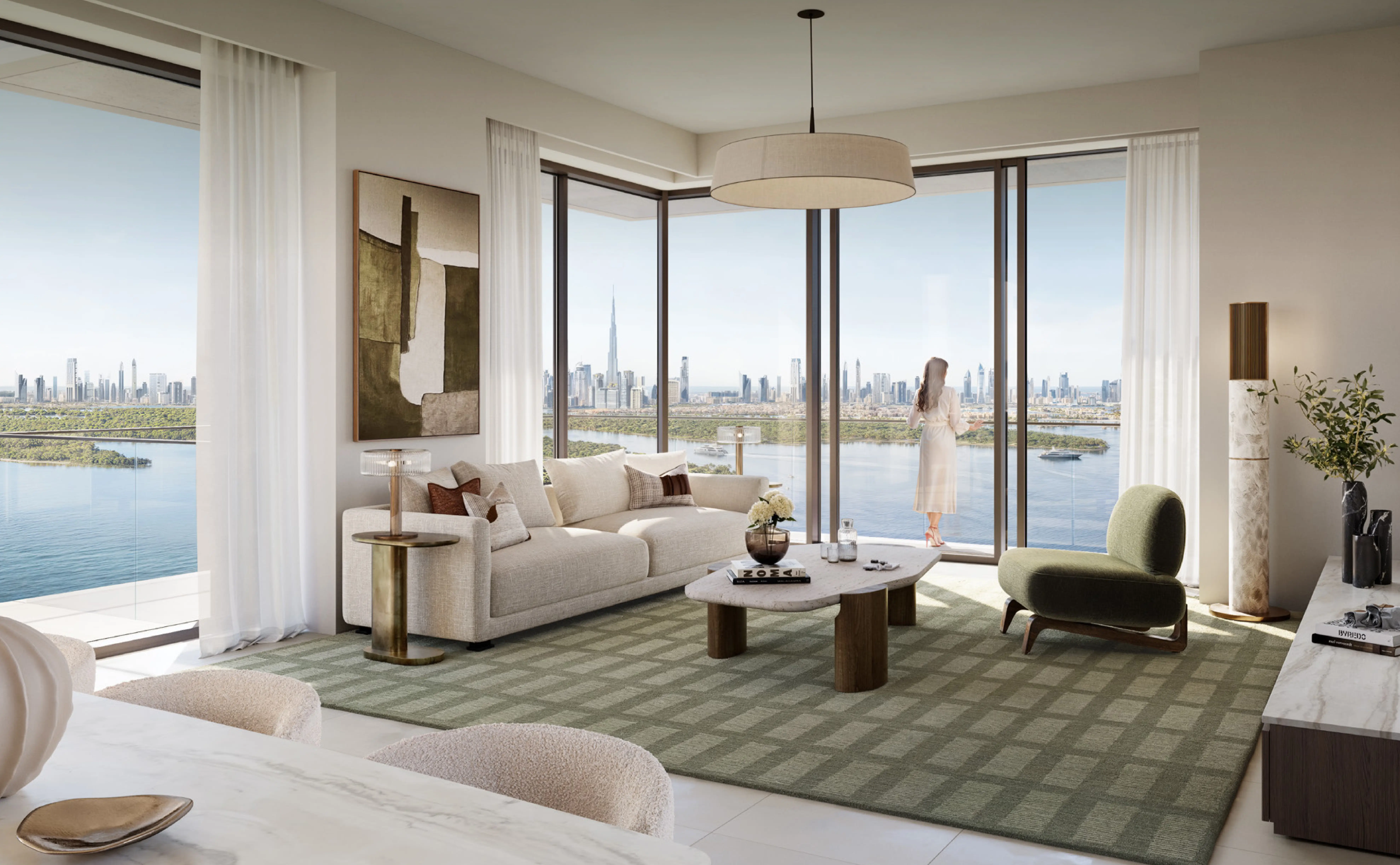 Creek Bay living room with Downtown Dubai skyline view