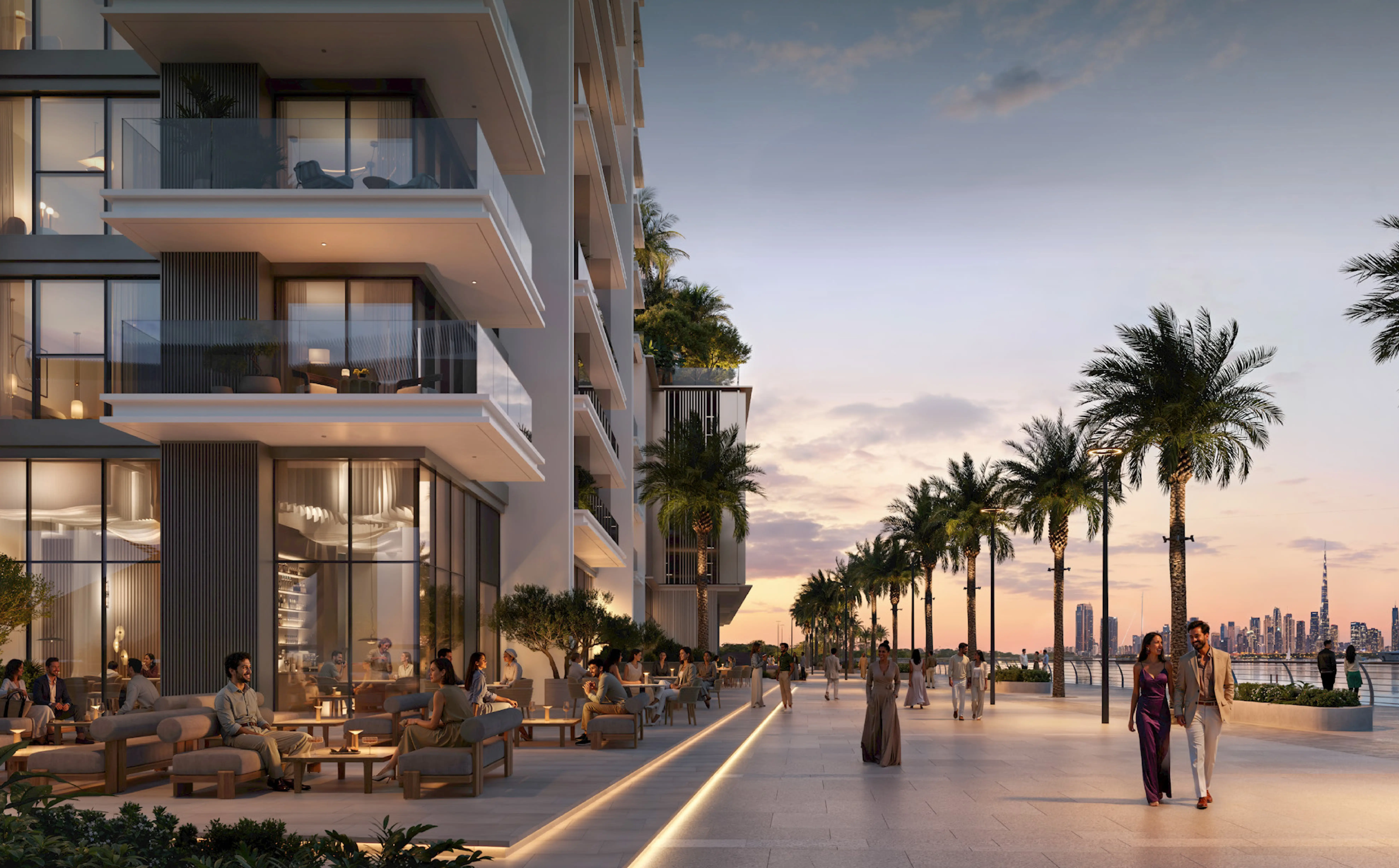 Creek Bay waterfront promenade at dusk