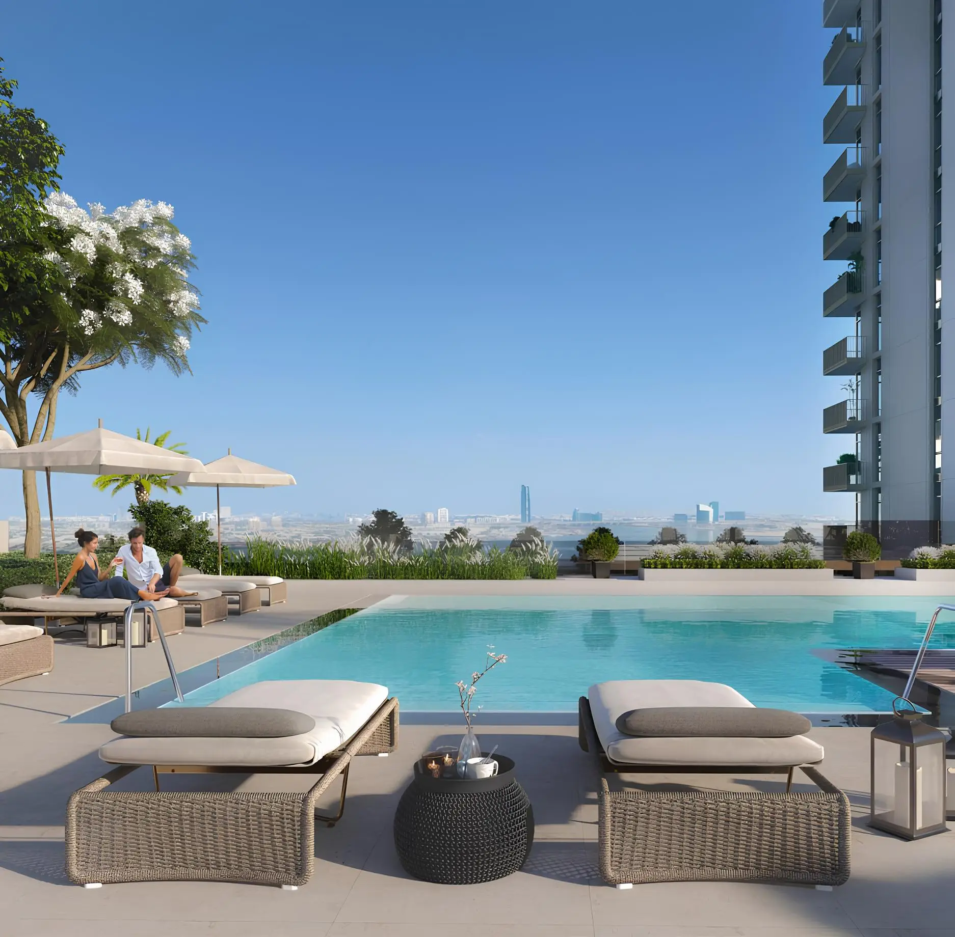 Creek Crescent resident pool deck overlooking Dubai Creek Harbour