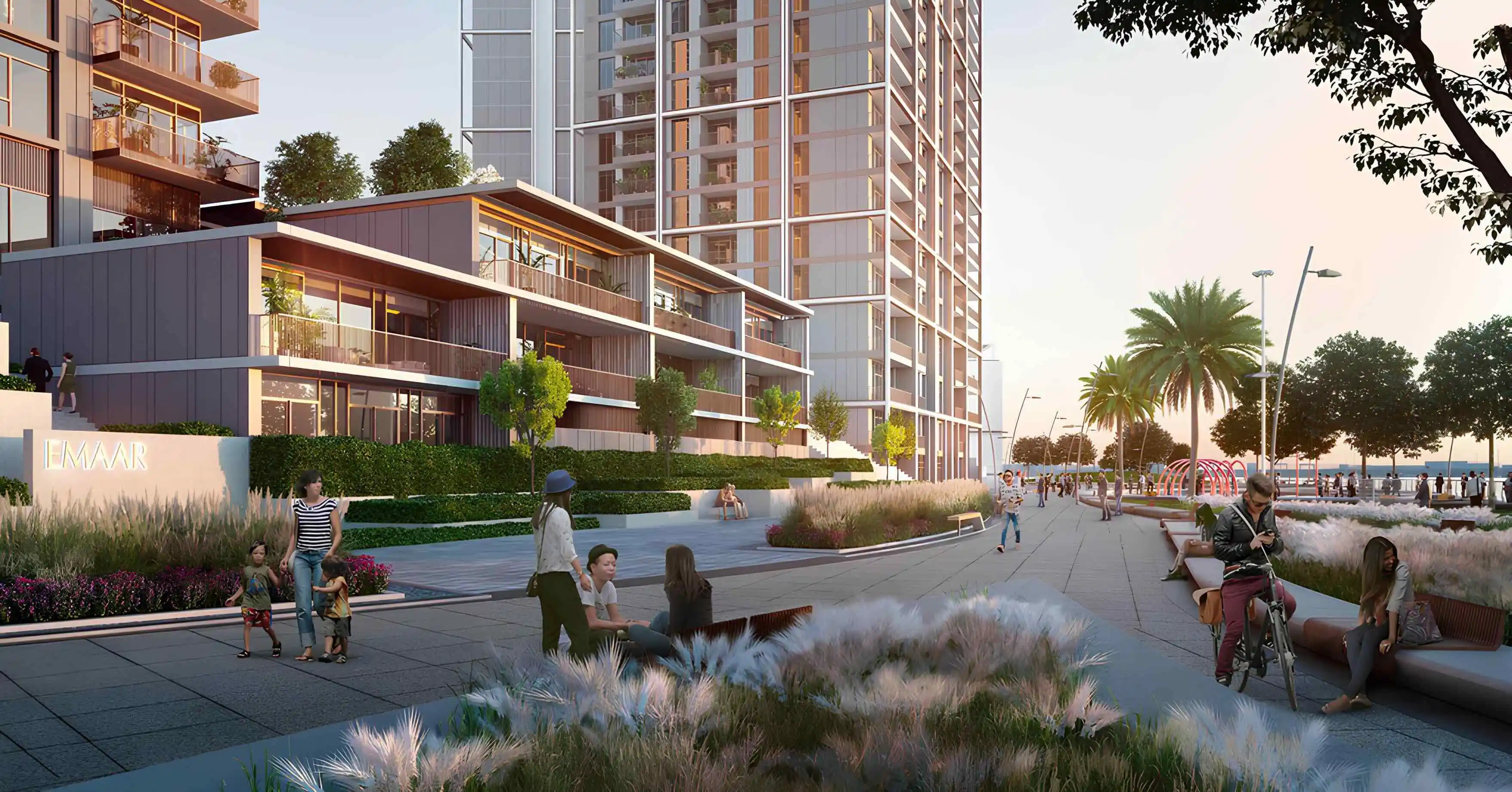 Creek Crescent landscaped waterfront promenade and townhouses