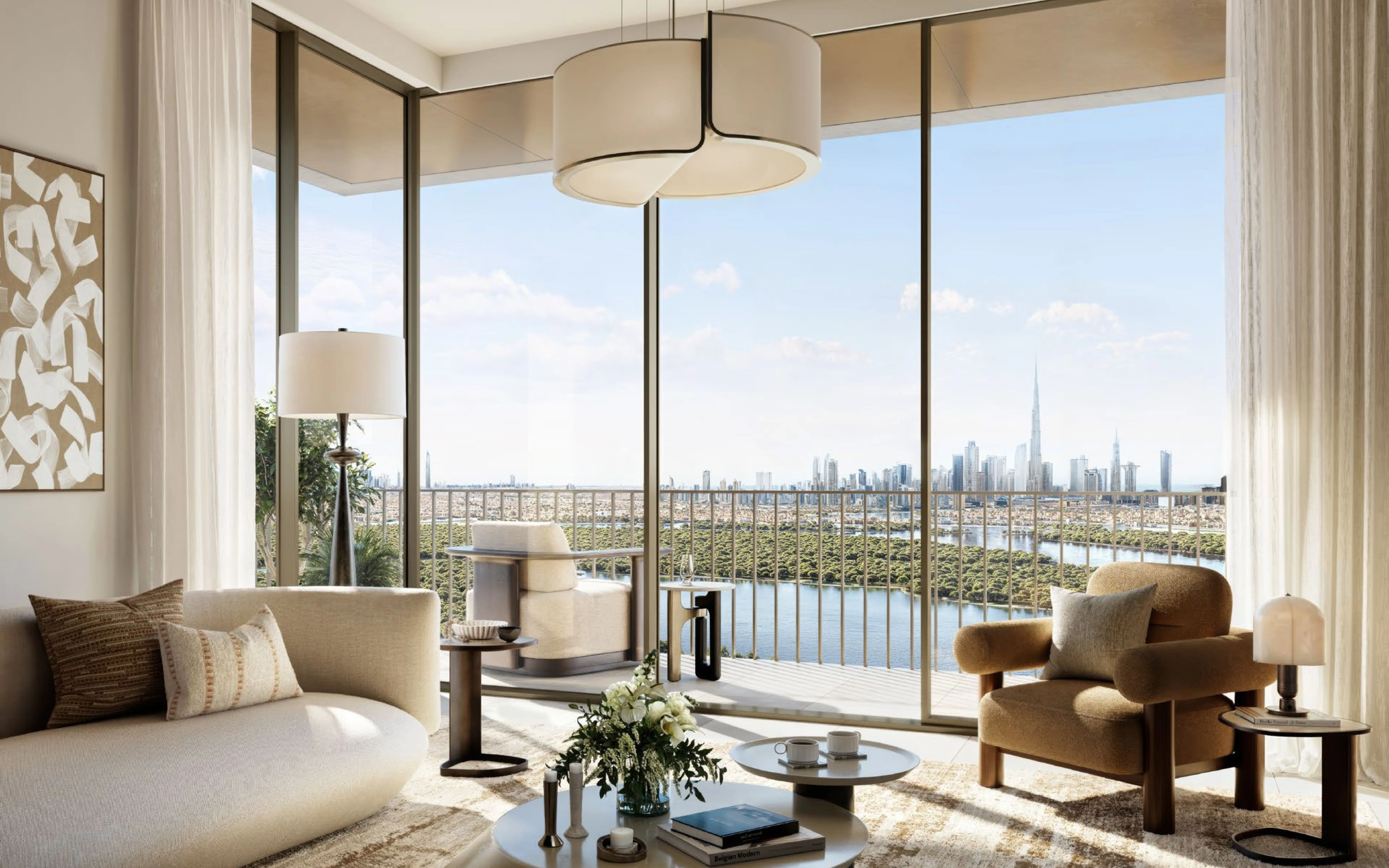 Creek Haven apartment living room with creek and skyline view