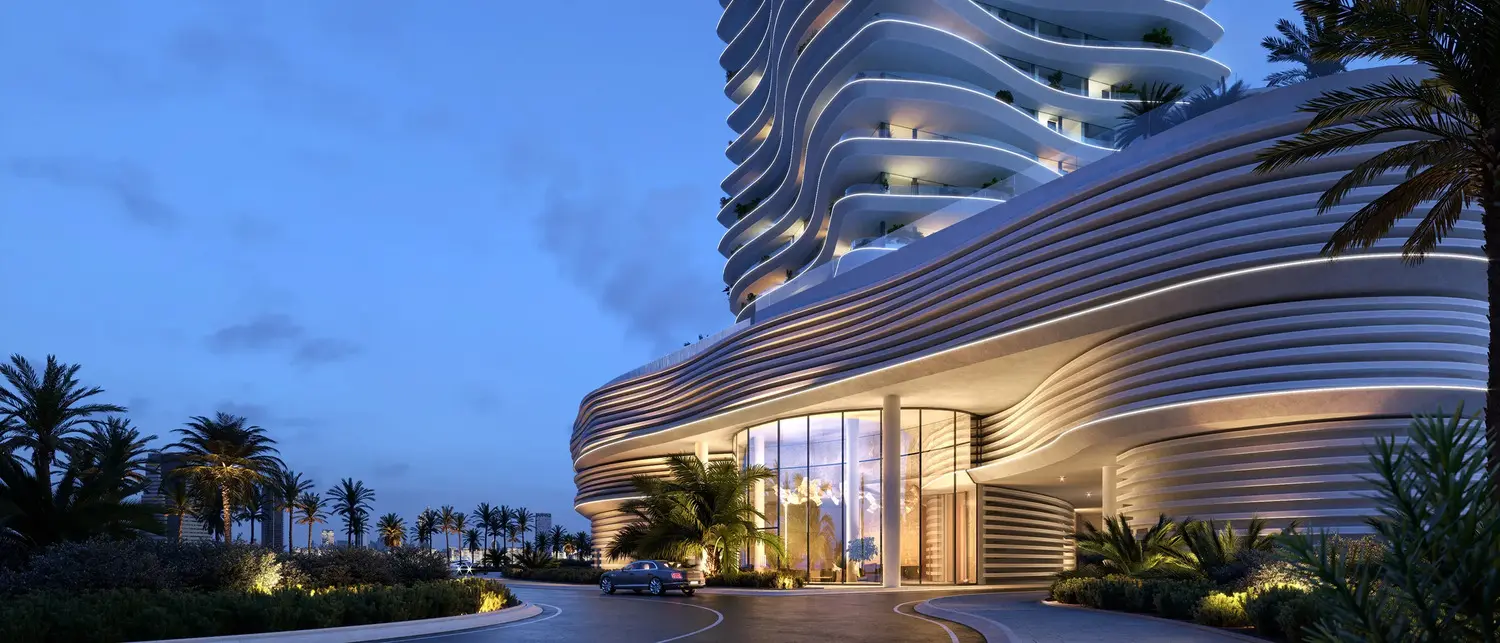 Night arrival drive and curved podium at Elie Saab Waterfront by Ohana on Al Reem Island