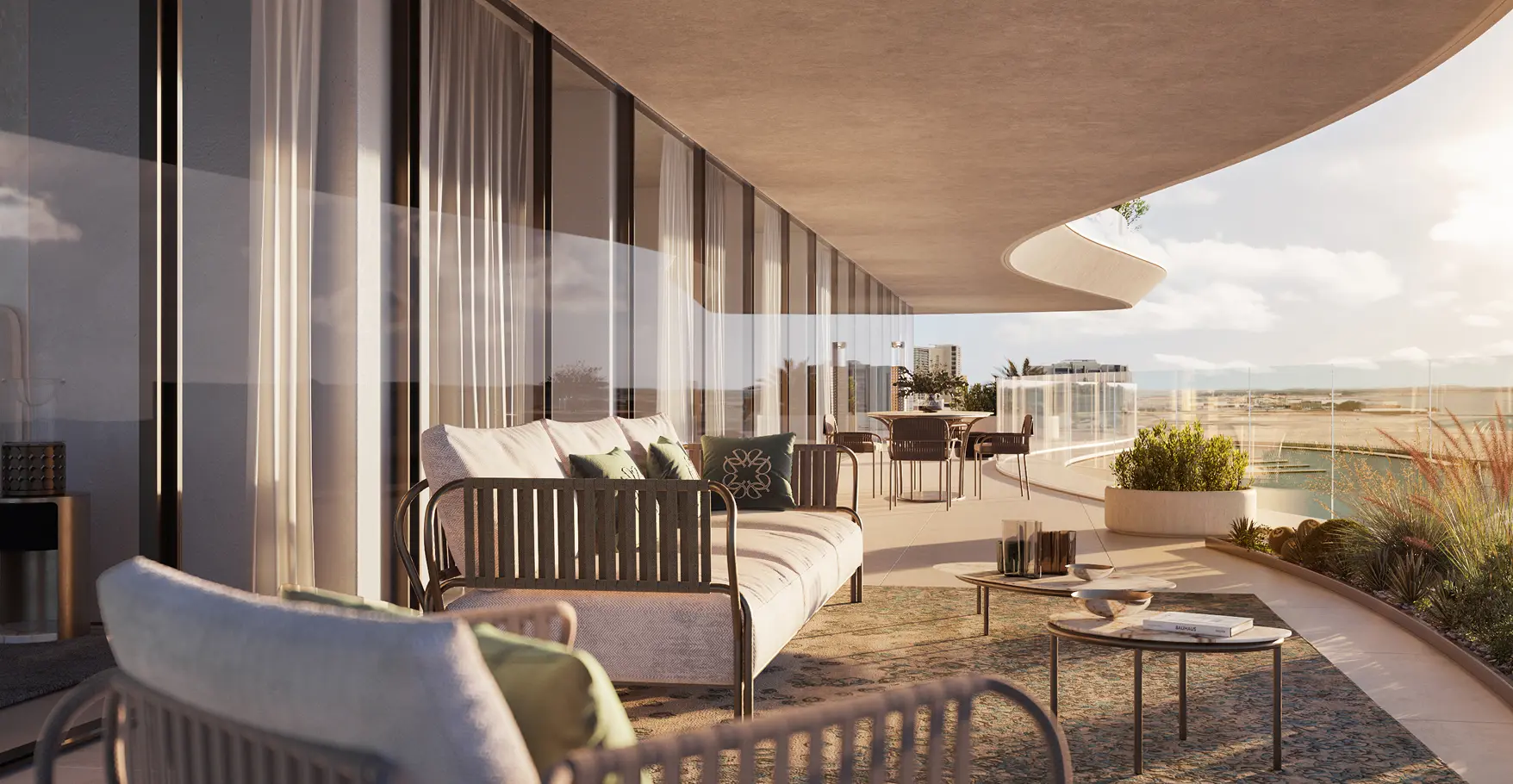 Curved balcony terrace at Elie Saab Waterfront by Ohana on Al Reem Island