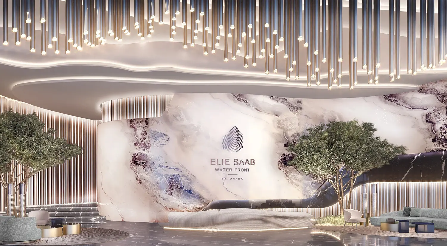 Grand reception lobby with the Elie Saab Waterfront by Ohana mark on a marble wall