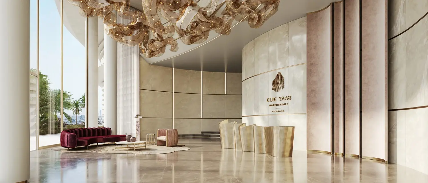 Daylit hotel-style lobby at Elie Saab Waterfront by Ohana on Al Reem Island