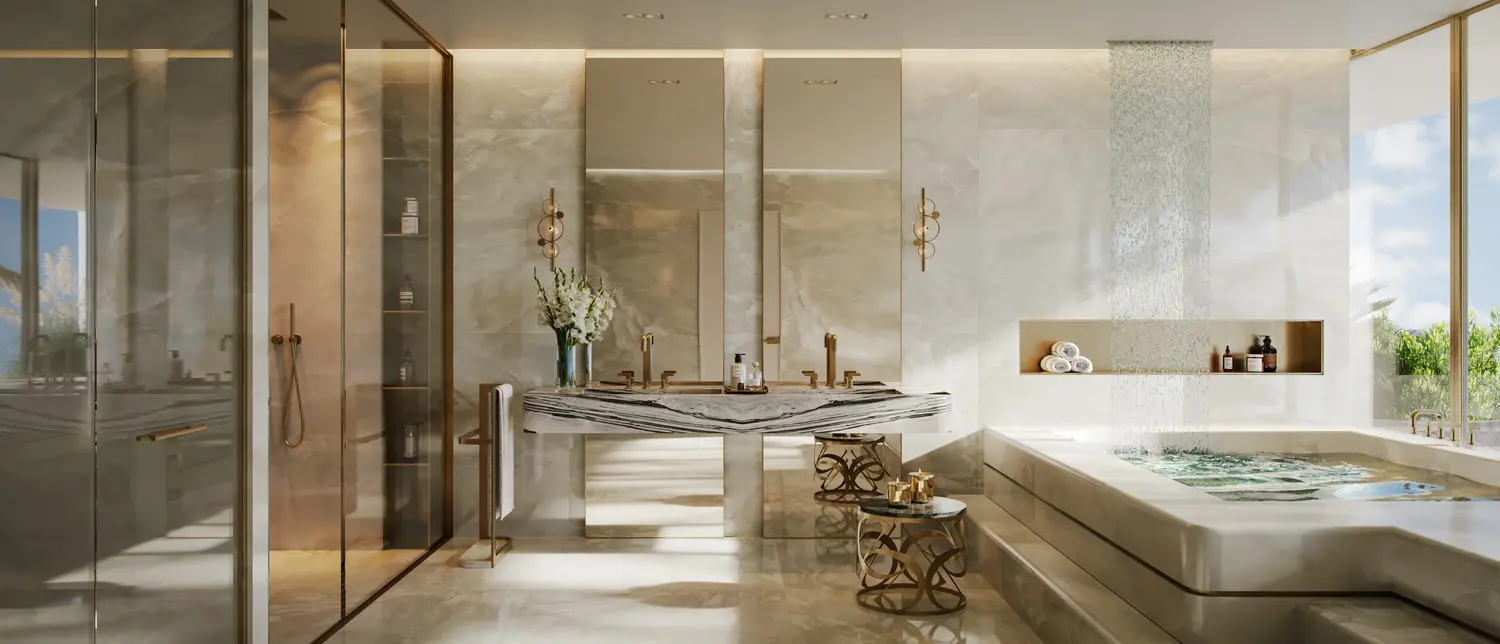 Marble bathroom with soaking tub at Elie Saab Waterfront by Ohana