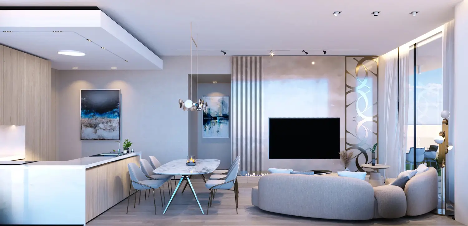 One bedroom living and dining interior at Elie Saab Waterfront by Ohana