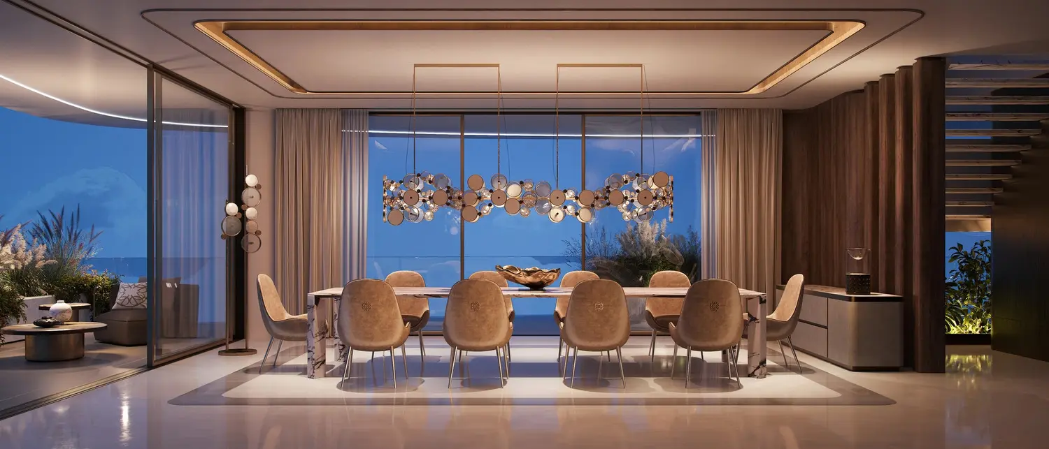 Night dining room in a penthouse at Elie Saab Waterfront by Ohana on Al Reem Island