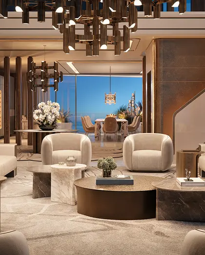 Evening lounge seating at Elie Saab Waterfront by Ohana looking through to the dining room