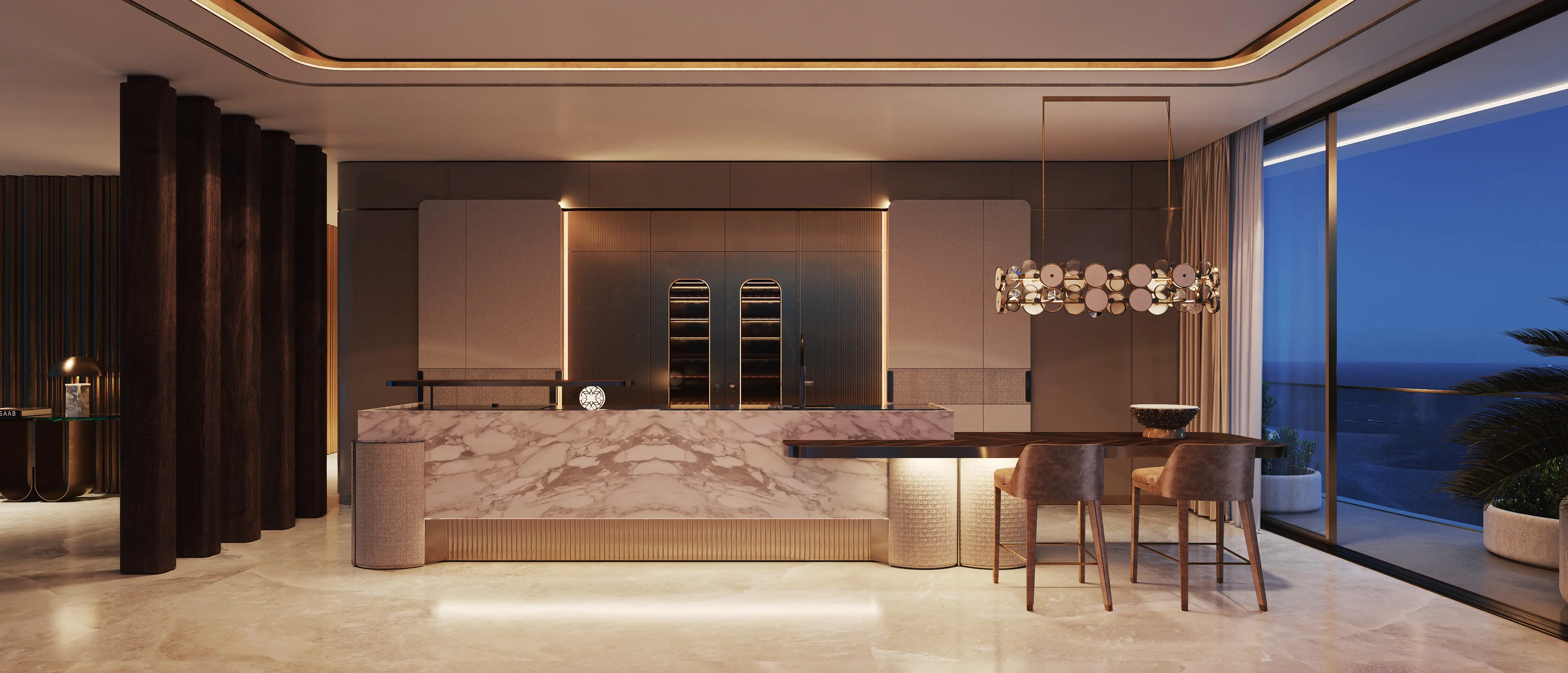 Penthouse kitchen and marble island at Elie Saab Waterfront by Ohana