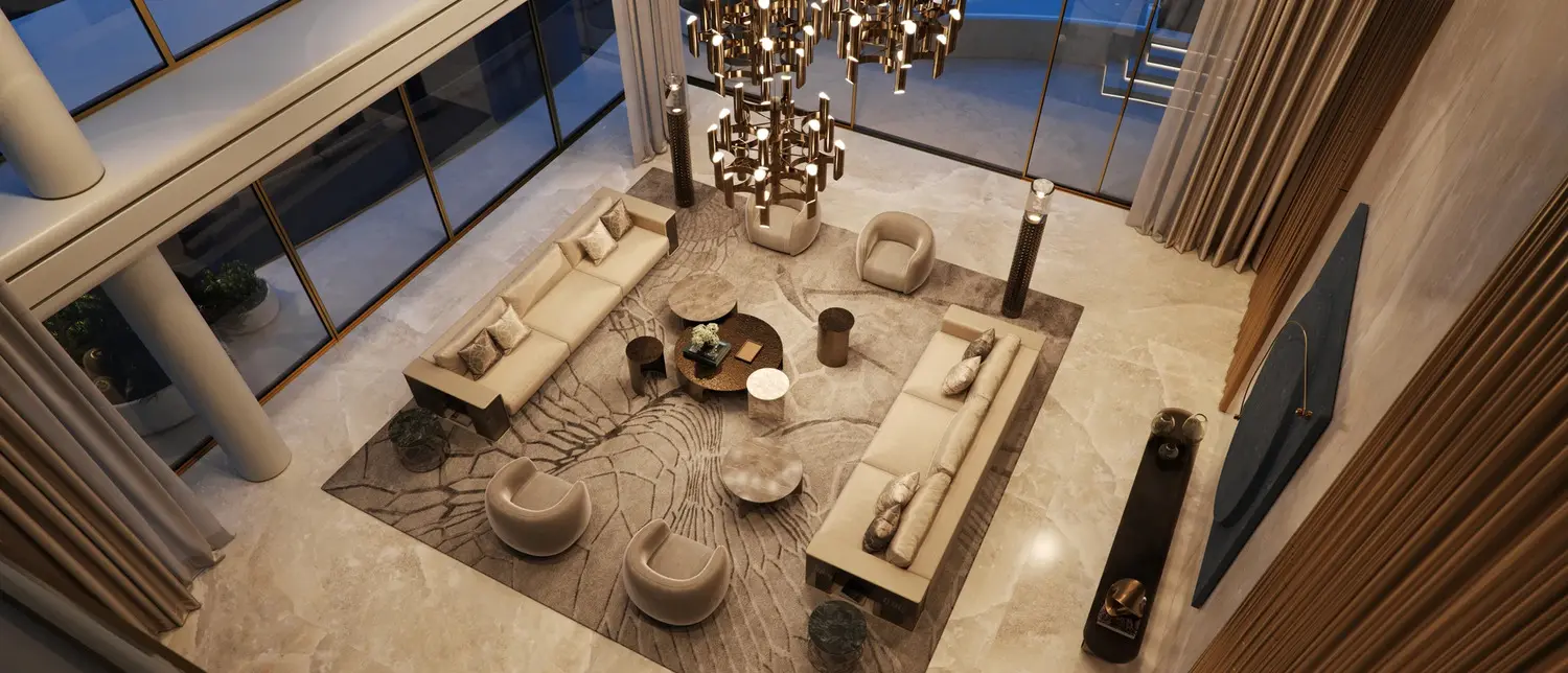 Double-height penthouse living room at Elie Saab Waterfront by Ohana, seen from above