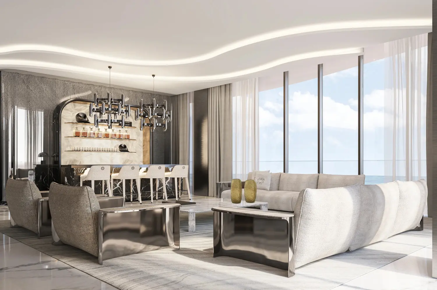 Penthouse lounge and bar at Elie Saab Waterfront by Ohana with sea-facing windows