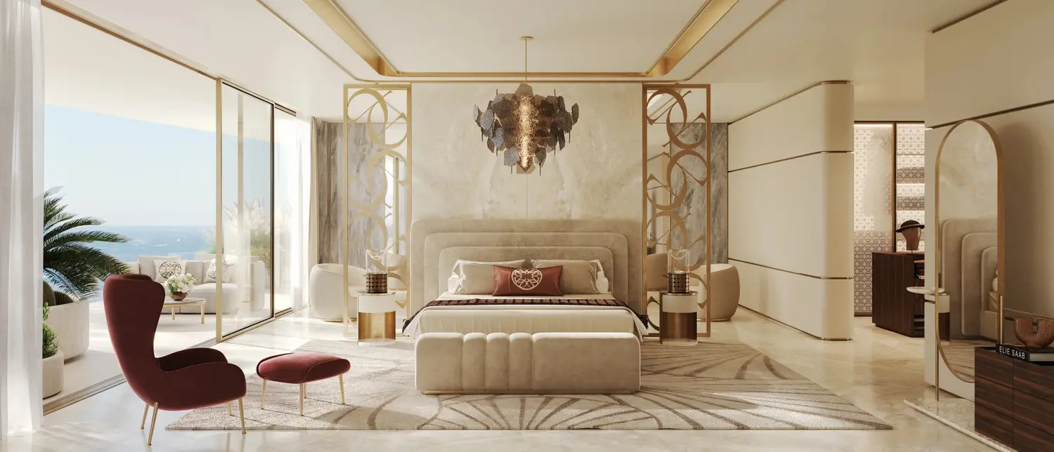 Penthouse master bedroom at Elie Saab Waterfront by Ohana with gold screens and sea light