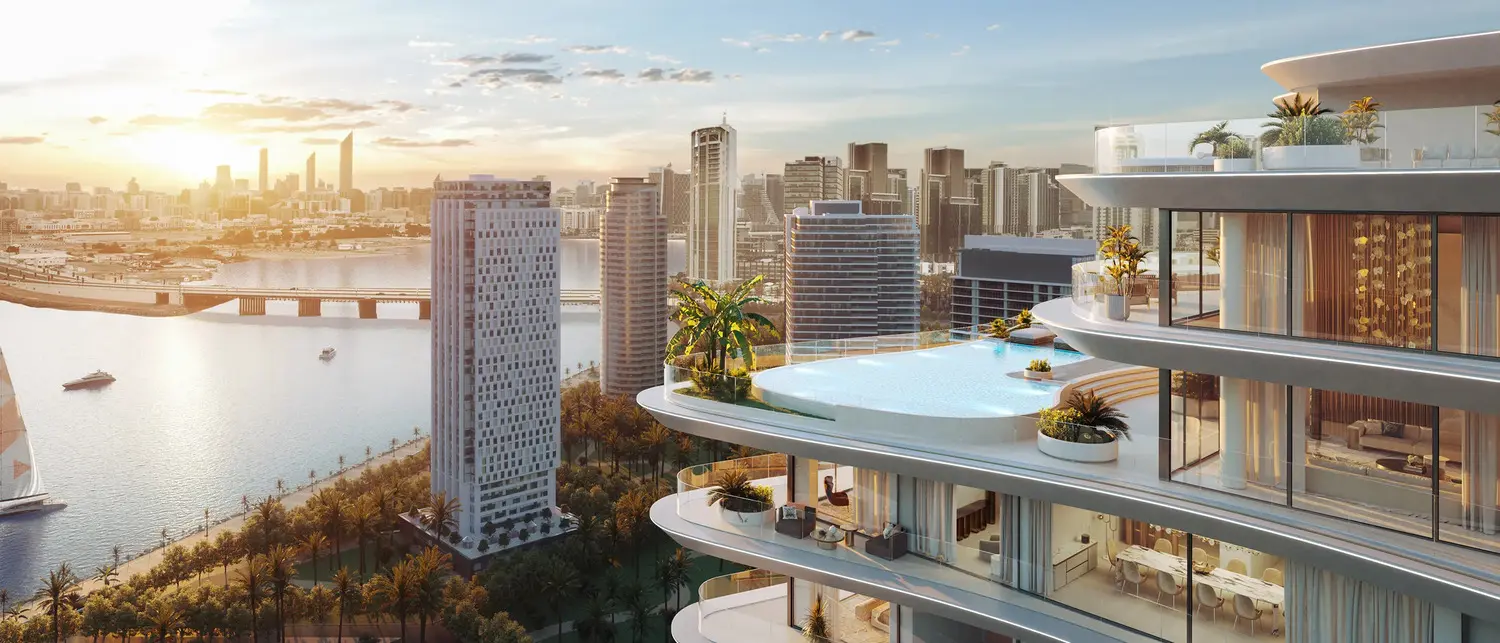 Penthouse terrace and private pool at Elie Saab Waterfront by Ohana overlooking Abu Dhabi