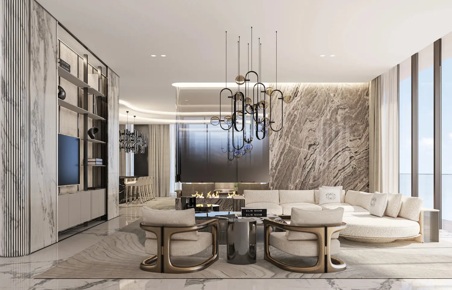 Signature living room at Elie Saab Waterfront by Ohana with marble, lighting and waterfront glazing