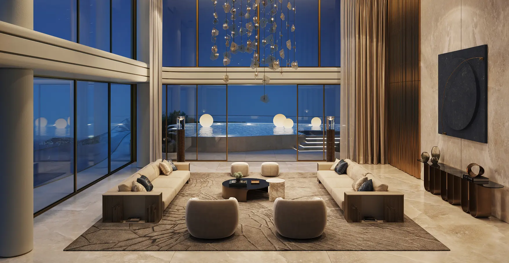 Signature living room at Elie Saab Waterfront by Ohana overlooking an infinity pool and the sea at dusk on Al Reem Island