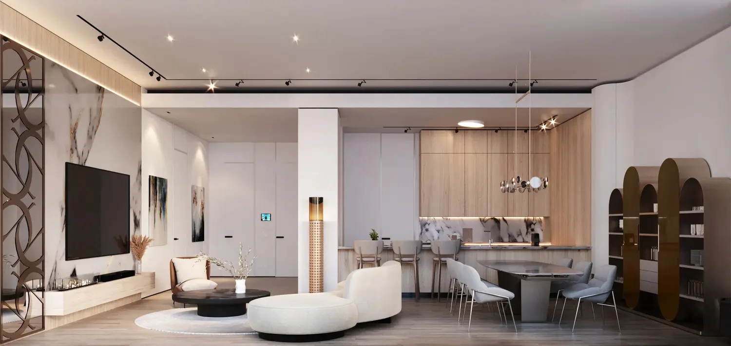Three bedroom living, dining and kitchen interior at Elie Saab Waterfront by Ohana