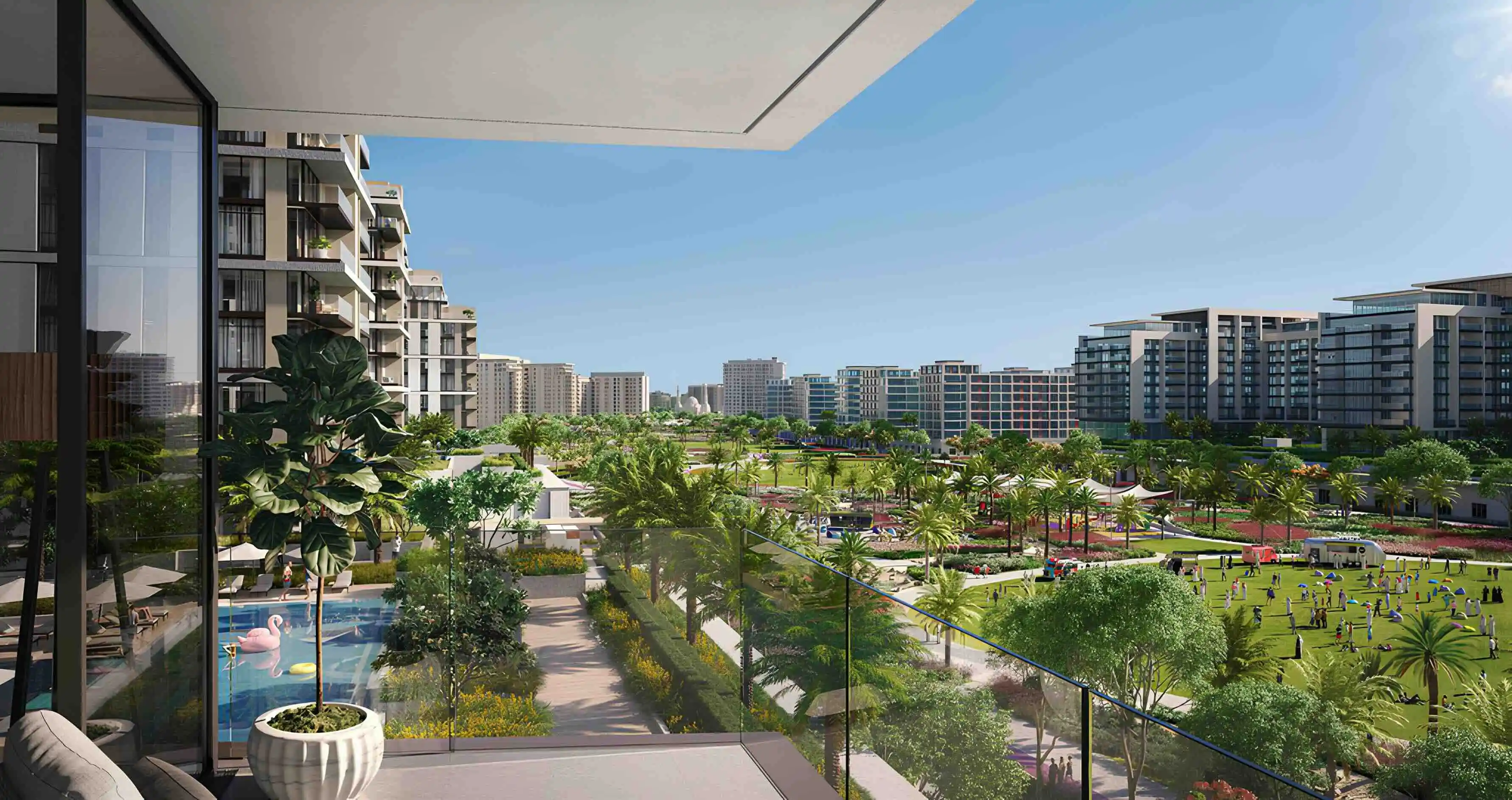 Elvira apartment terrace overlooking Dubai Hills Park
