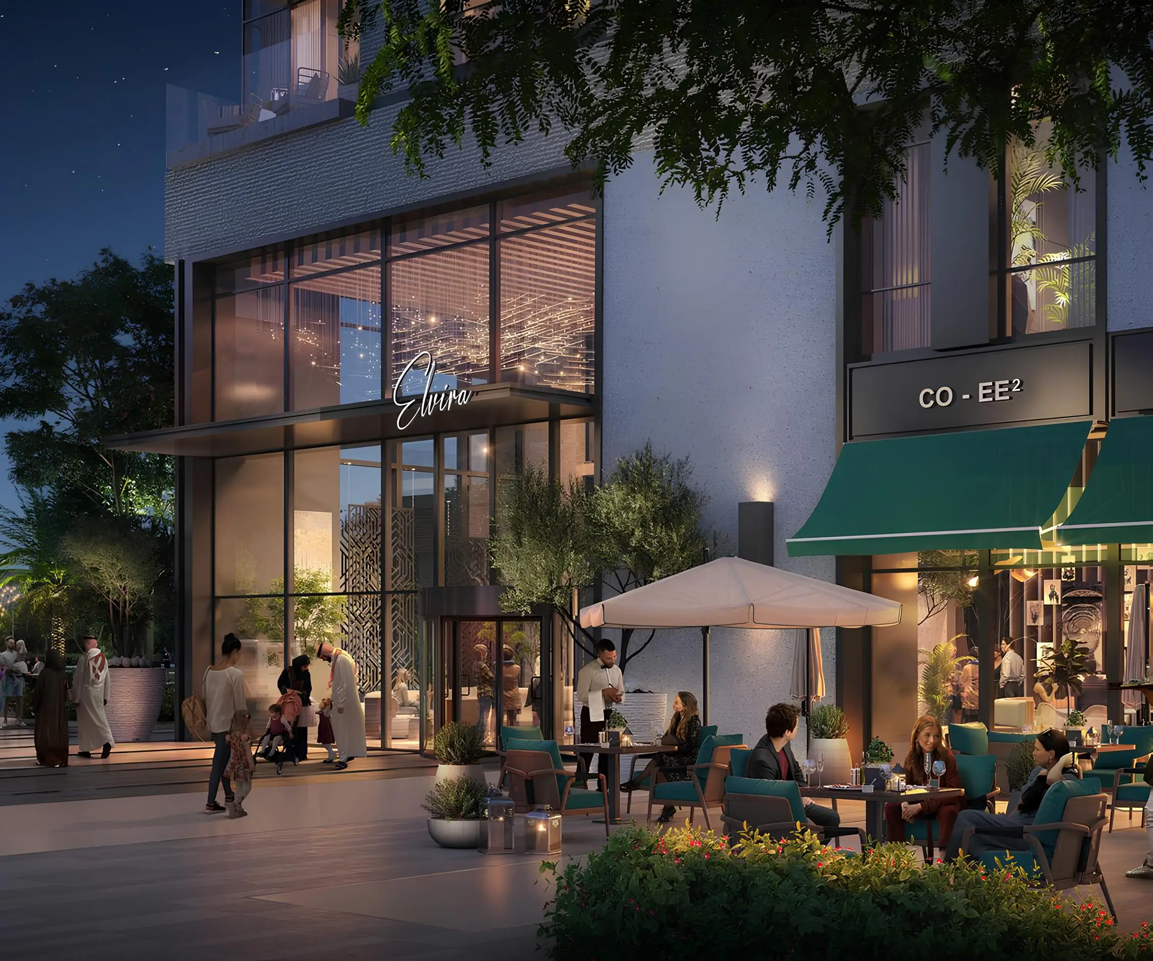 Elvira Dubai Hills Estate landscaped arrival and retail promenade