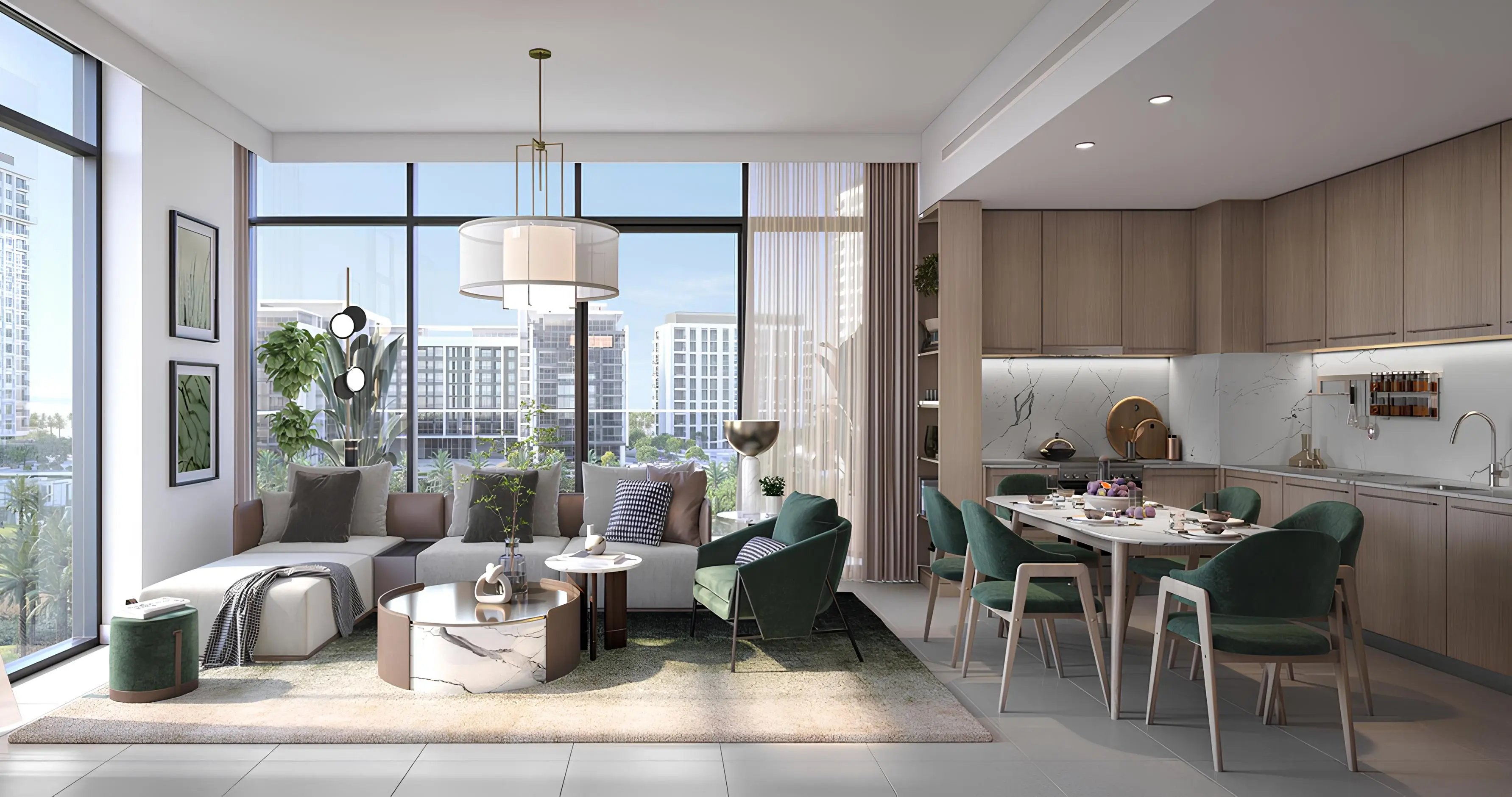 Elvira apartment living room, dining area and fitted kitchen