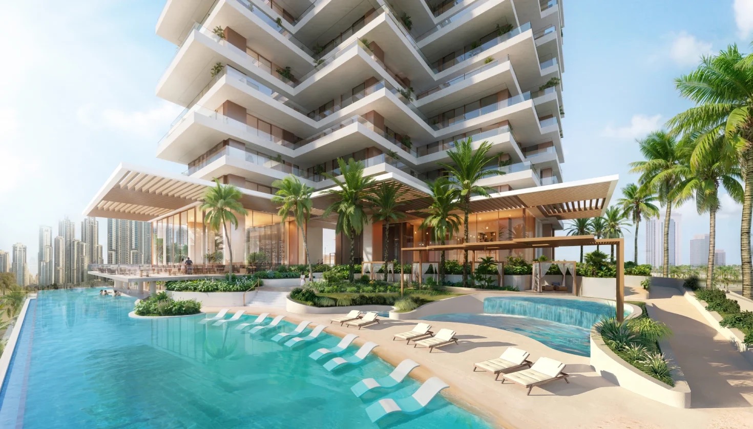 Fairmont Residences Solara Tower infinity pool and podium lifestyle amenities, Downtown Dubai