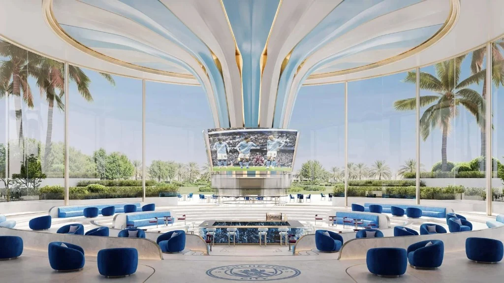 City Lounge match-day interior with Manchester City branding at Manchester City Yas Residences by Ohana