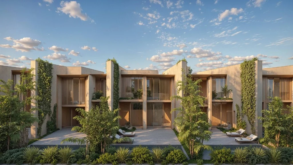 Modern townhouse exterior with private patio and water feature at Manchester City Yas Residences by Ohana