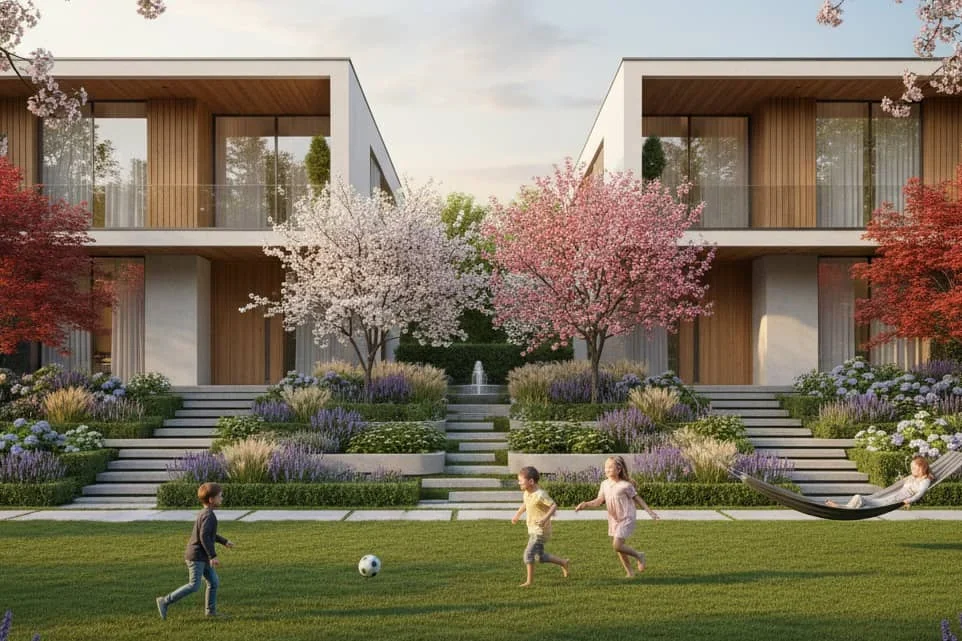 Twin villa courtyard with landscaped garden and family outdoor space at Manchester City Yas Residences by Ohana