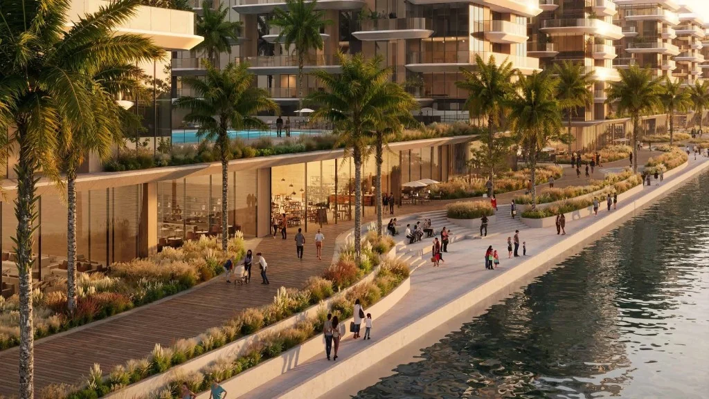 Private villa pool, fire pit lounge and landscaped garden at Manchester City Yas Residences by Ohana