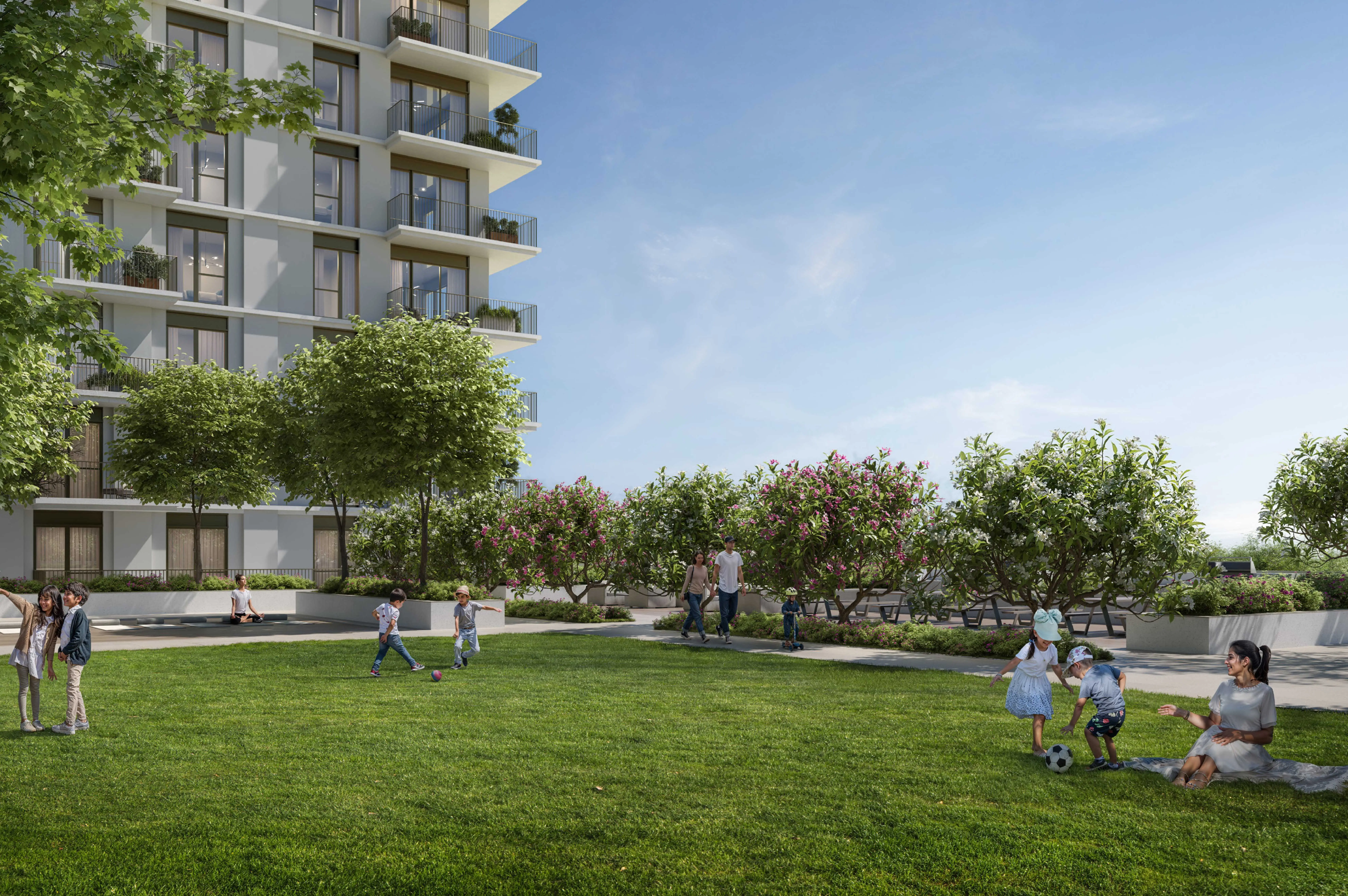 Golf Dale landscaped lawns and family recreation at Emaar South