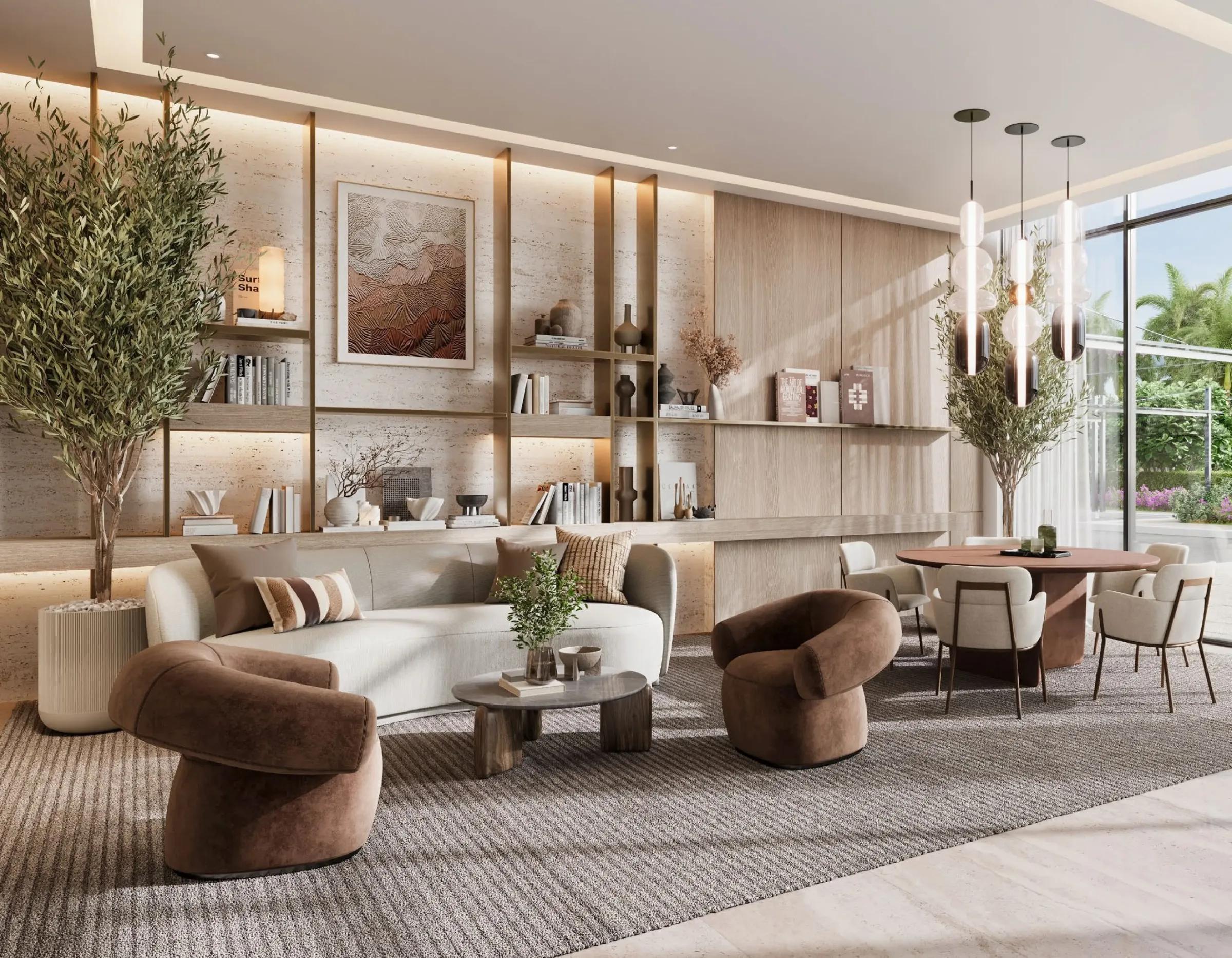 Golf Meadow contemporary living room with full-height windows