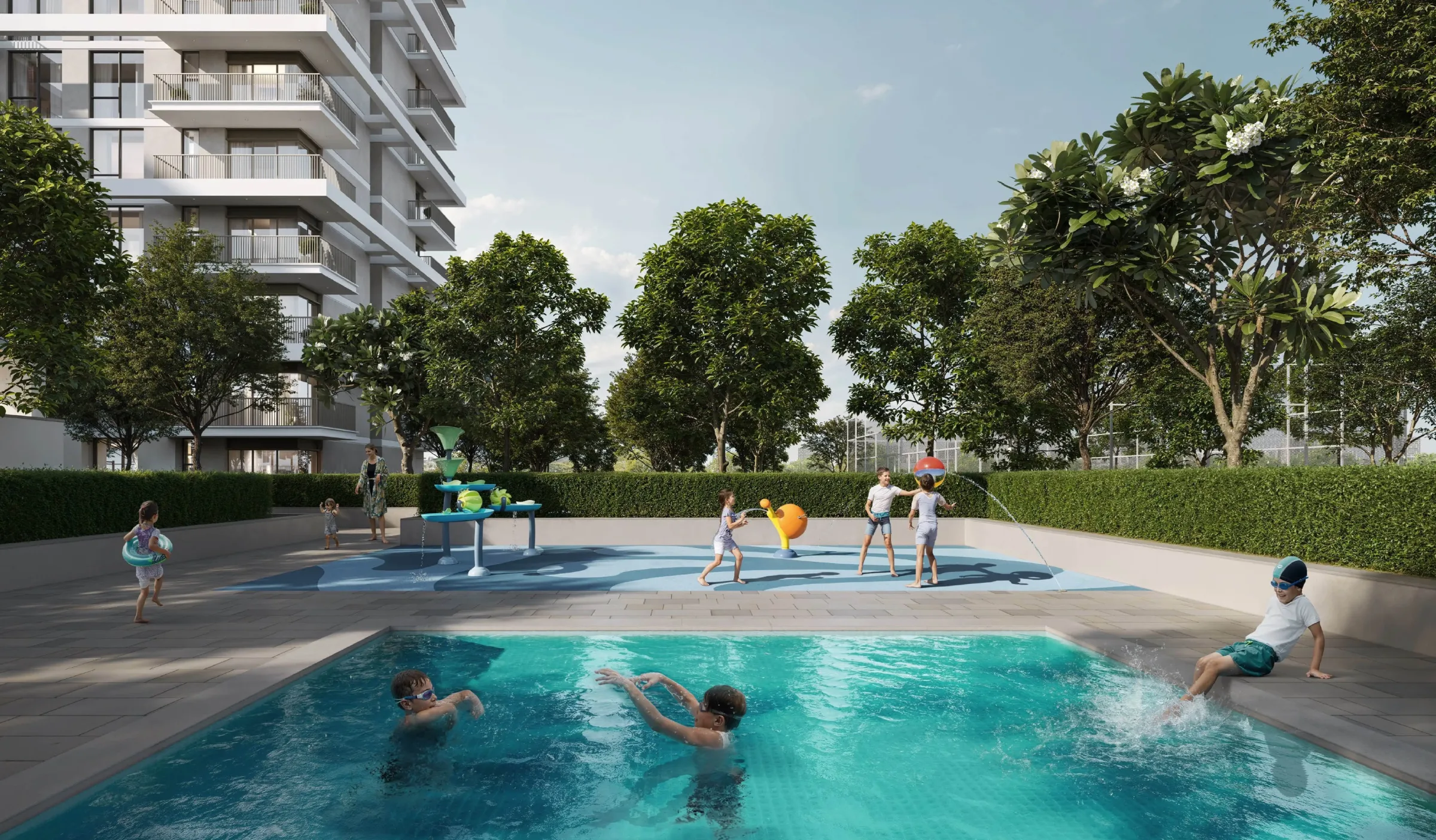 Golf Meadow swimming pool and landscaped leisure deck