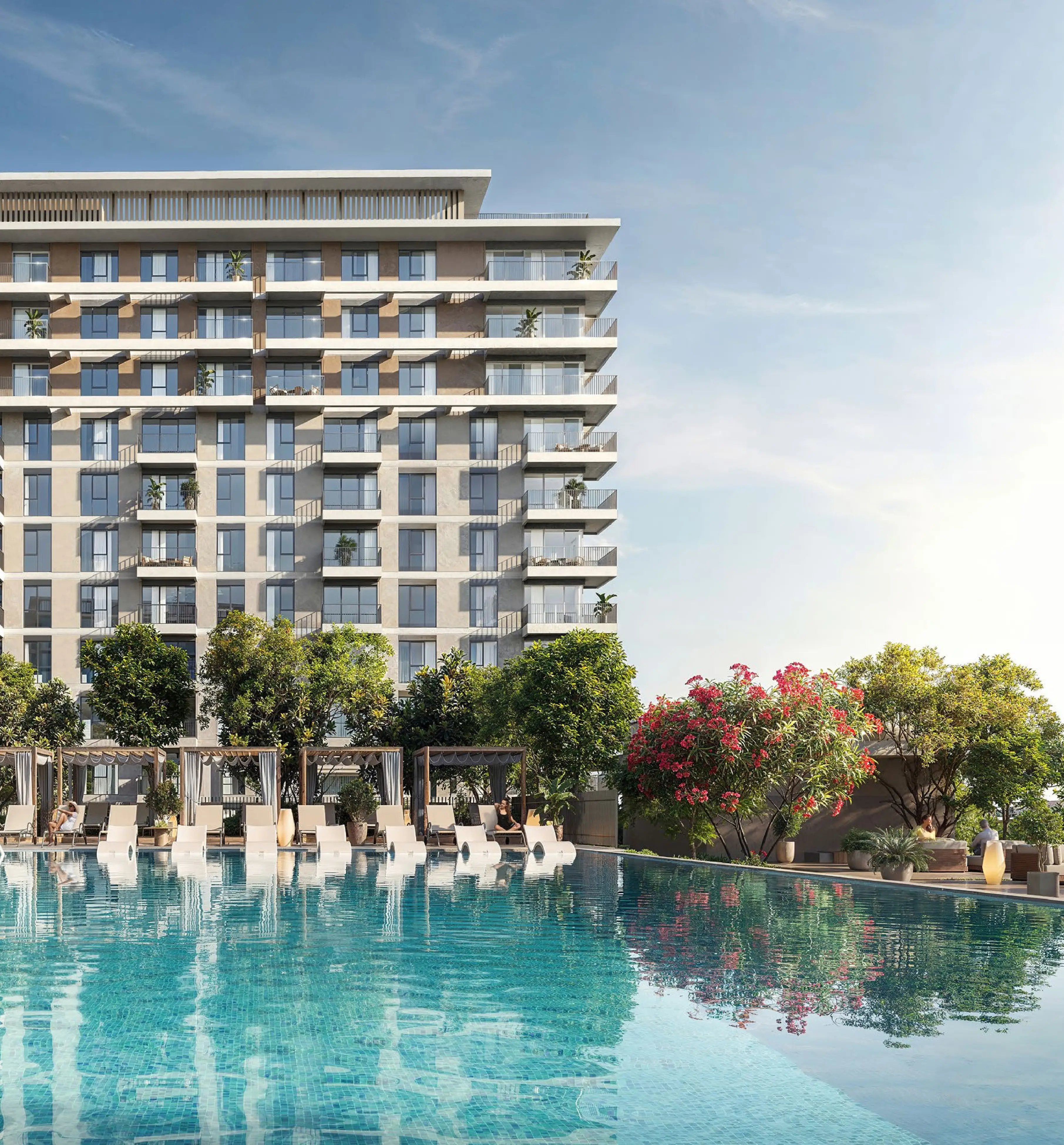 Golf Point residential tower and landscaped swimming pool