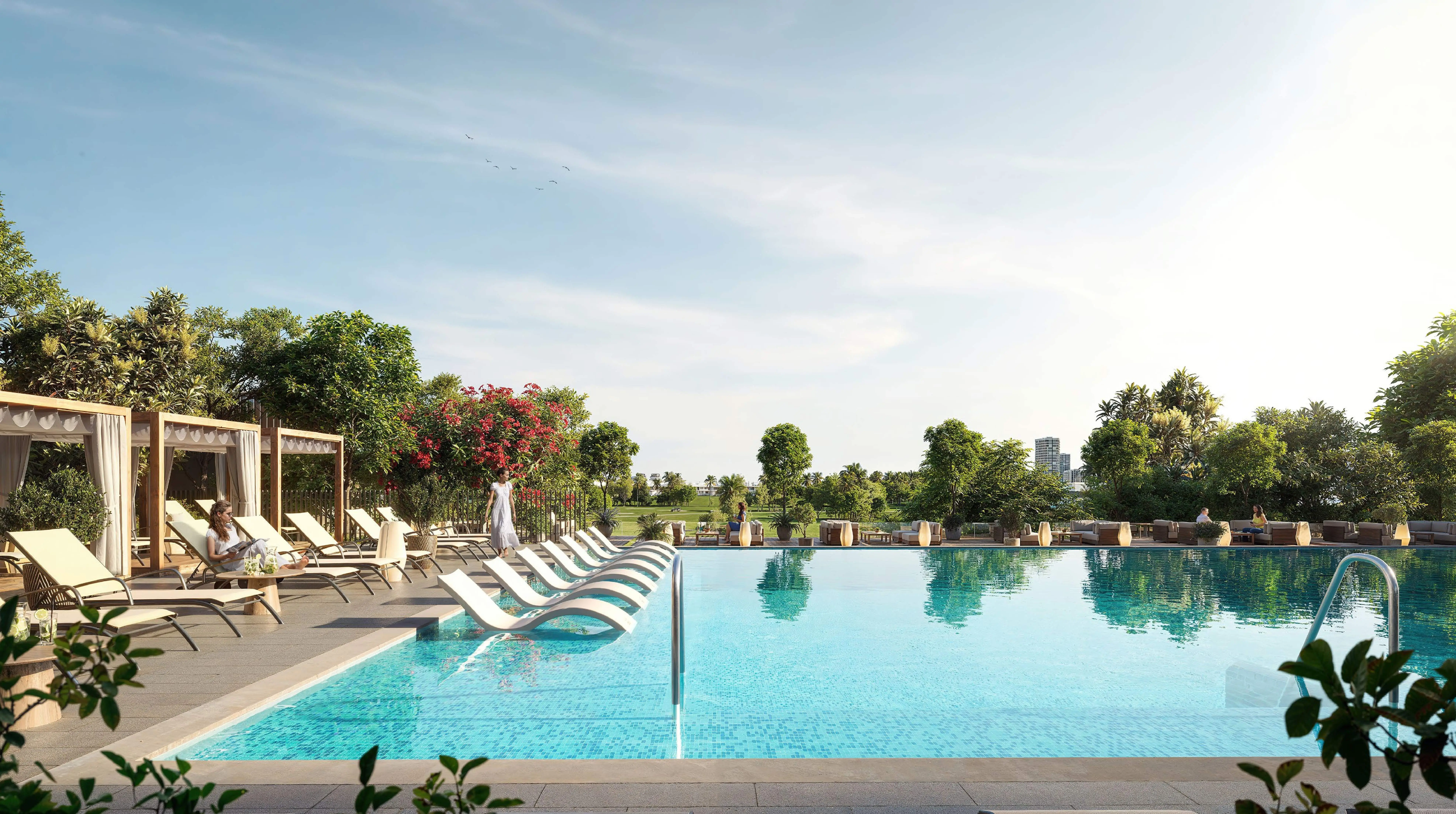 Golf Point swimming pool, cabanas and landscaped leisure deck