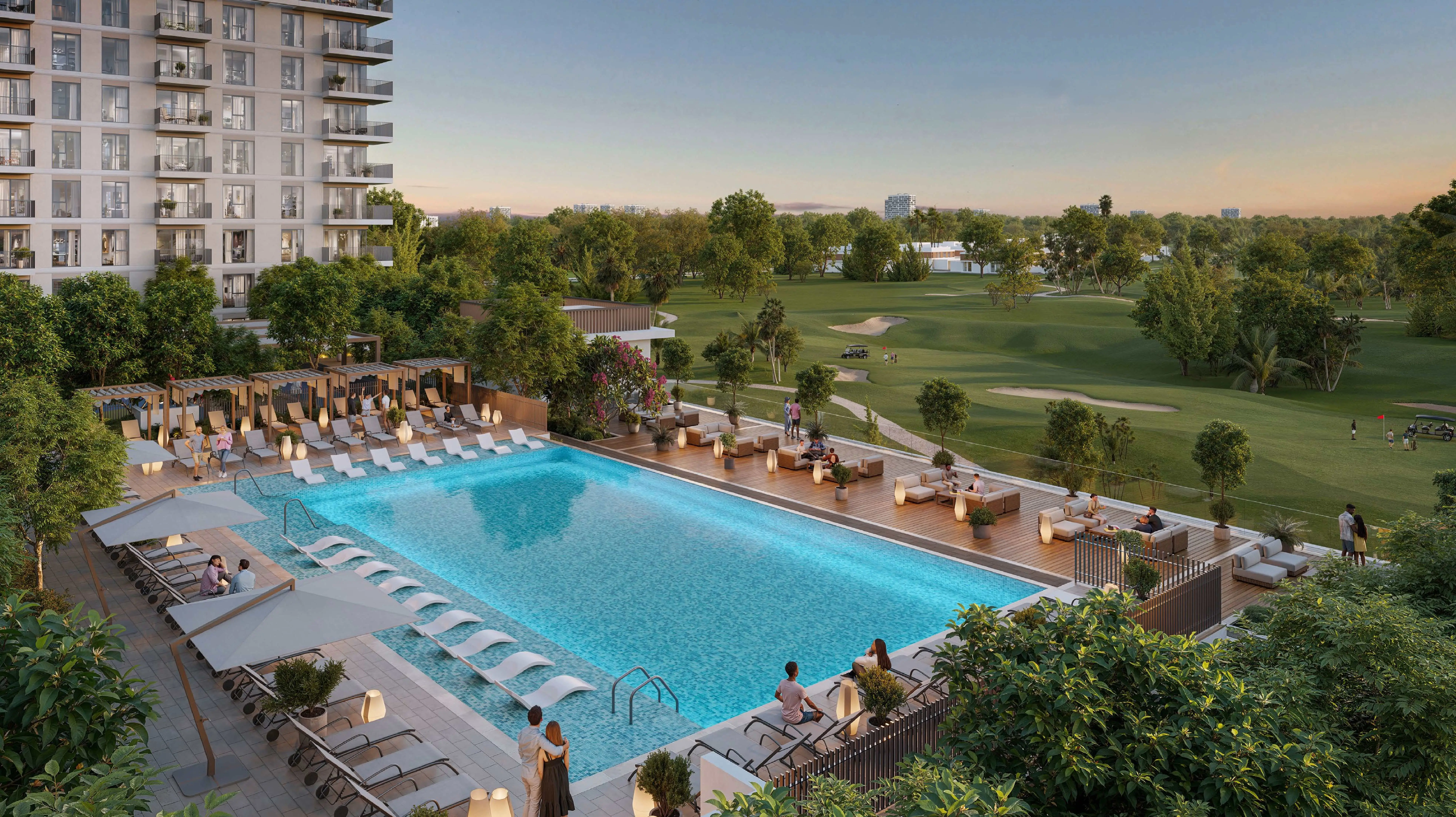 Golf Point swimming pool deck overlooking the golf course