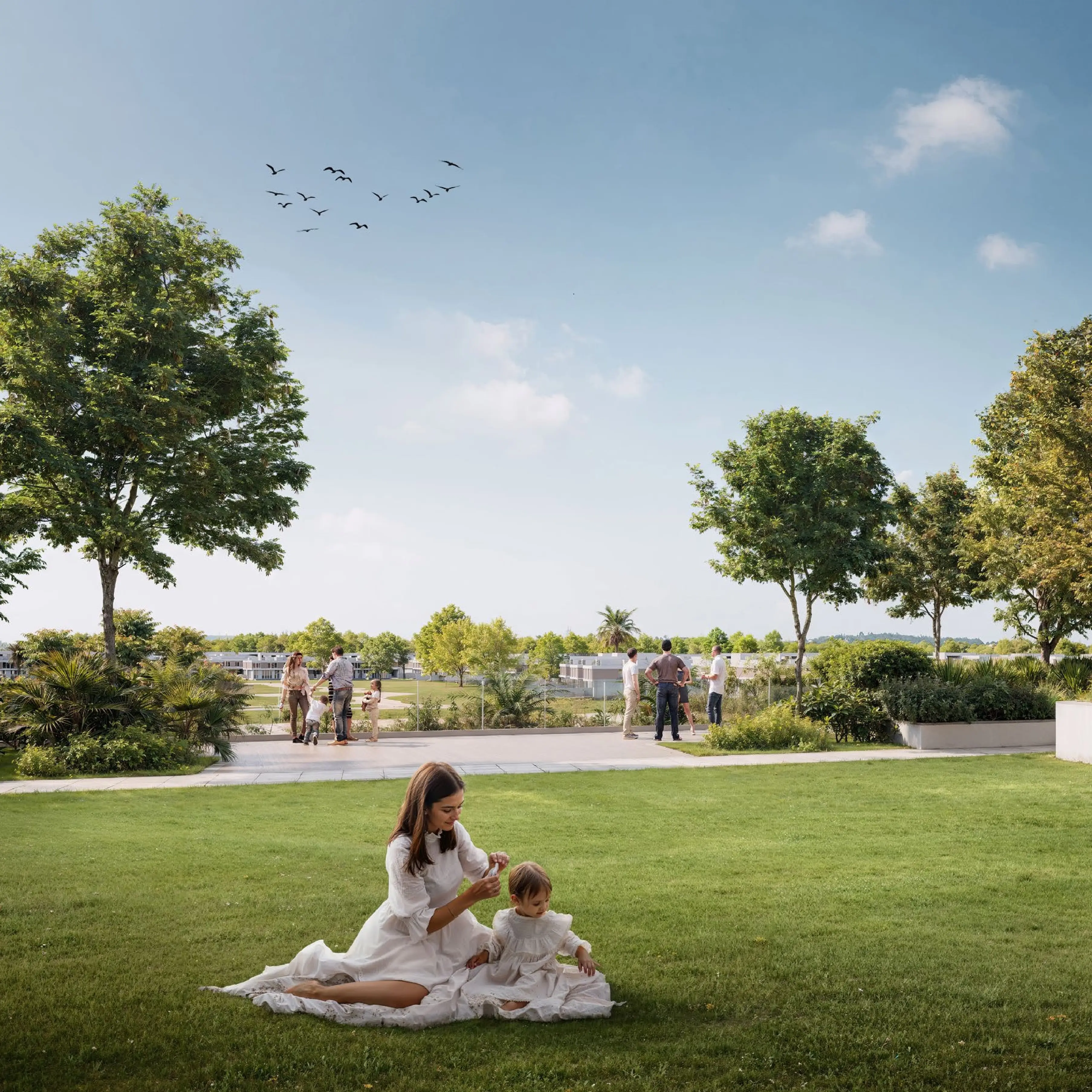 Golf Point landscaped lawns and family recreation at Emaar South
