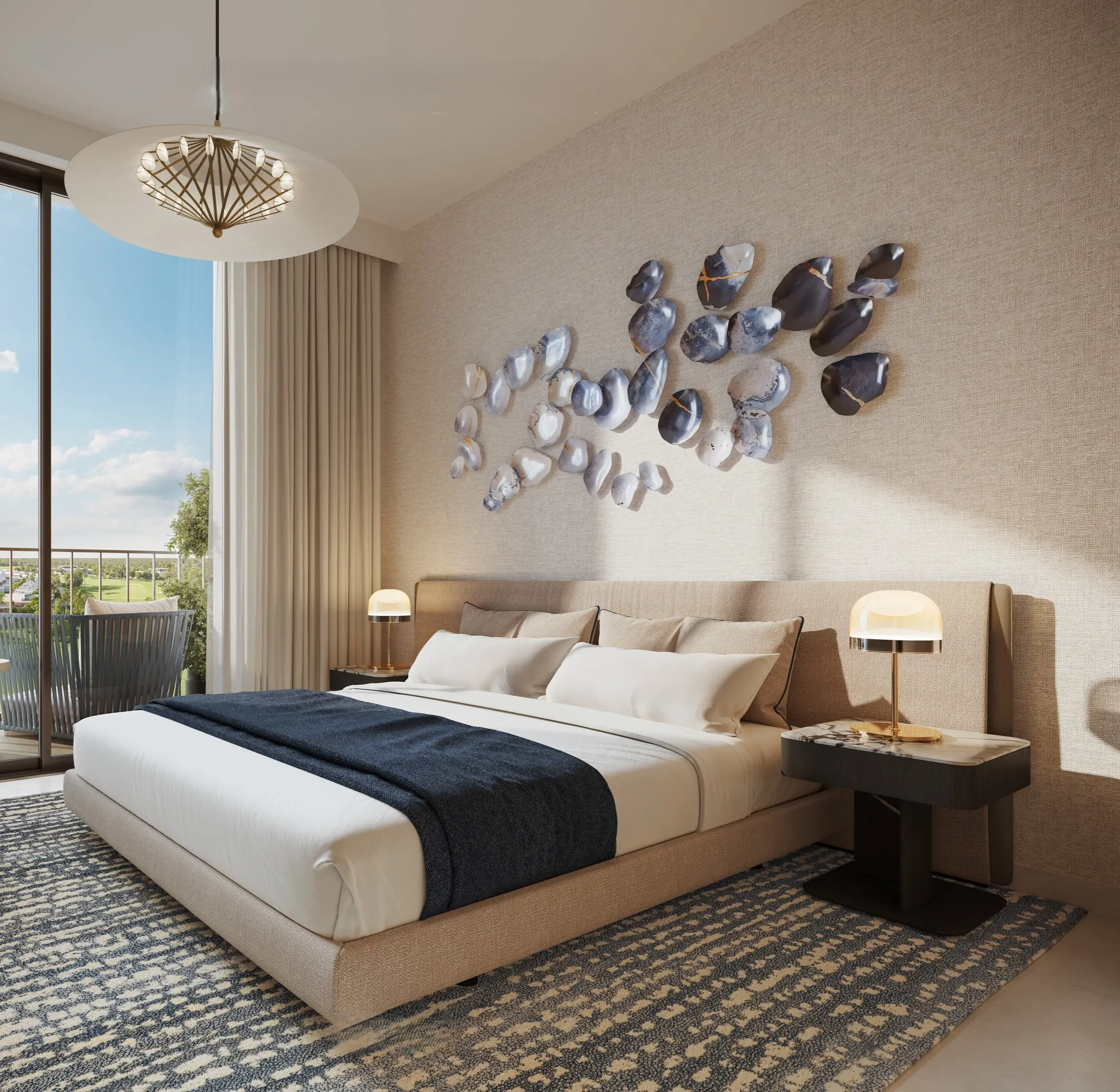 Golf Verge apartment living room with warm natural finishes