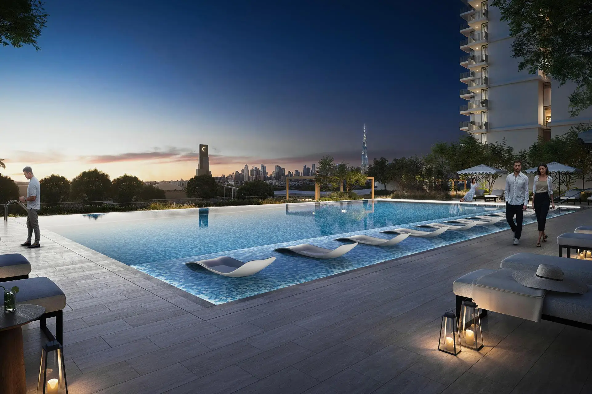 Hillsedge swimming pool overlooking the Dubai skyline