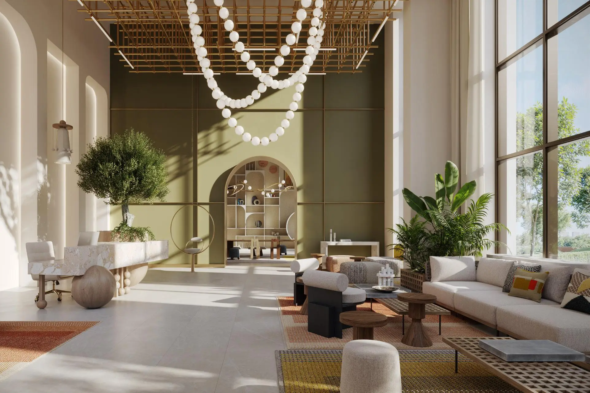 Contemporary double-height residential lobby at Hillsedge