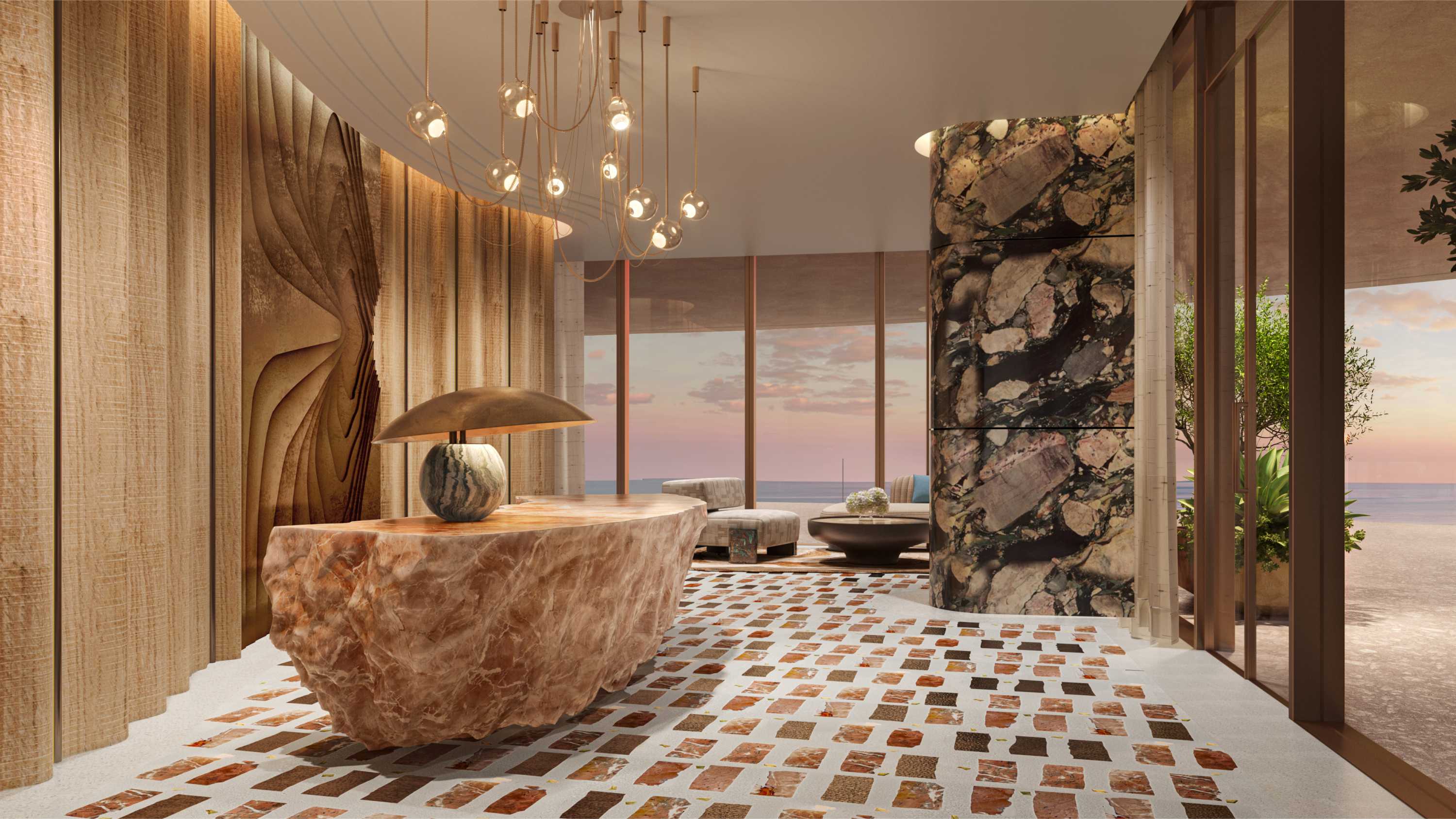 Residences lobby with bronzed ceilings at Jumeirah Asora Bay