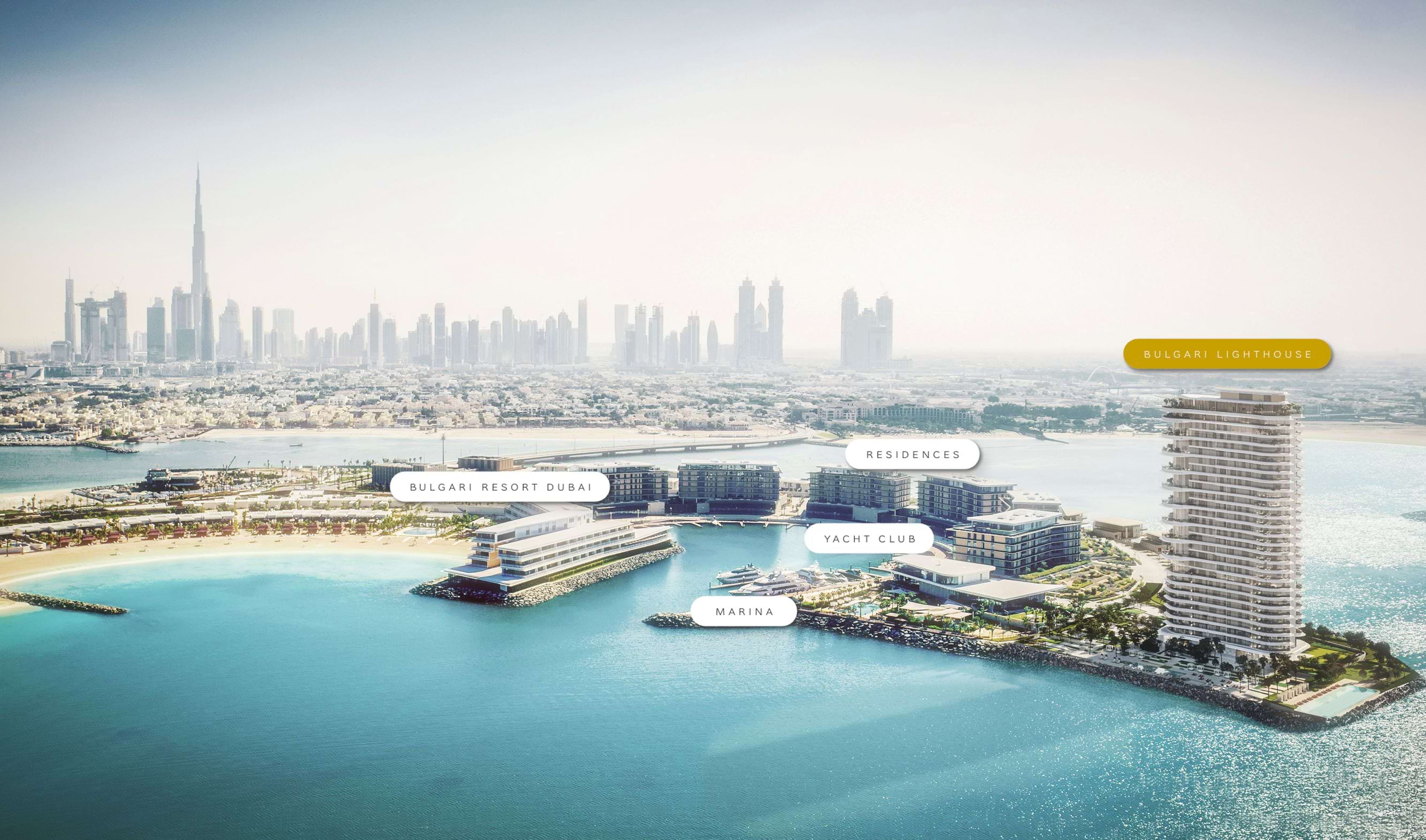 Aerial view of Jumeirah Bay Island and the lighthouse address