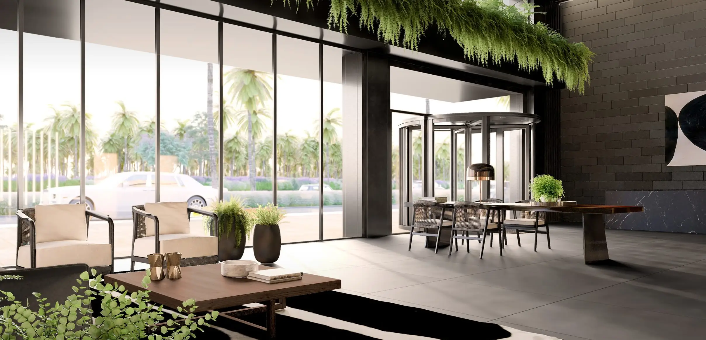 Lime Gardens lobby with full-height glazing and planted interior
