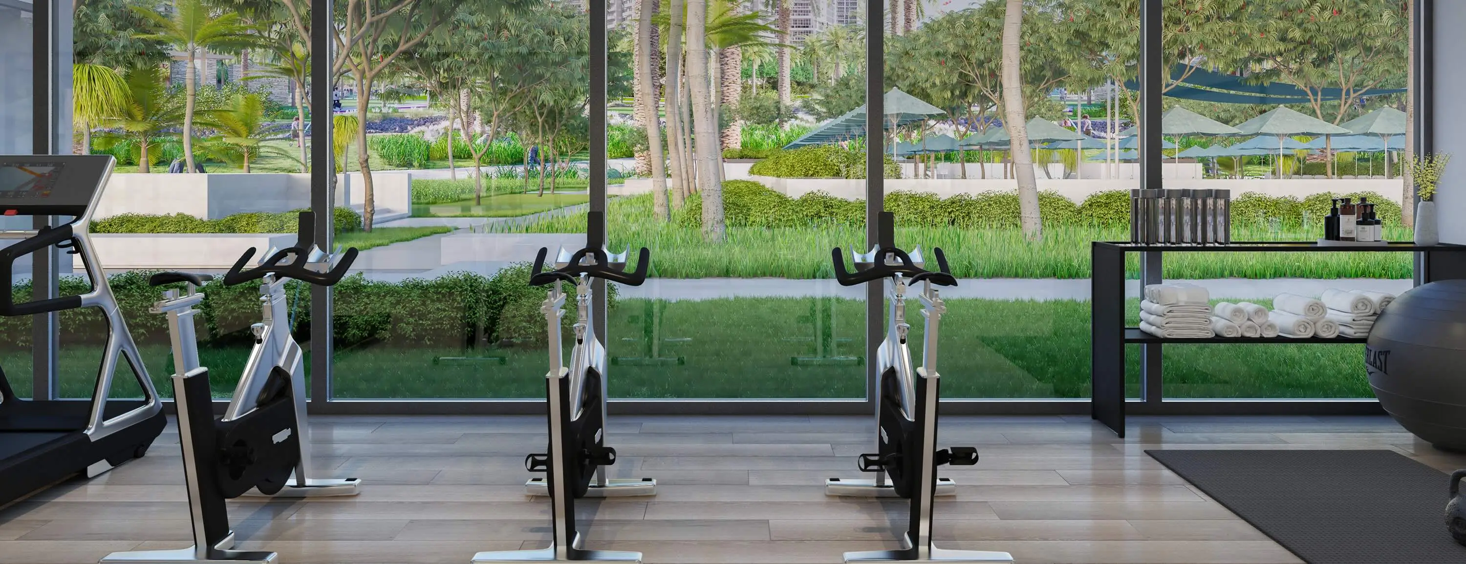 Lime Gardens gym overlooking landscaped Dubai Hills Estate
